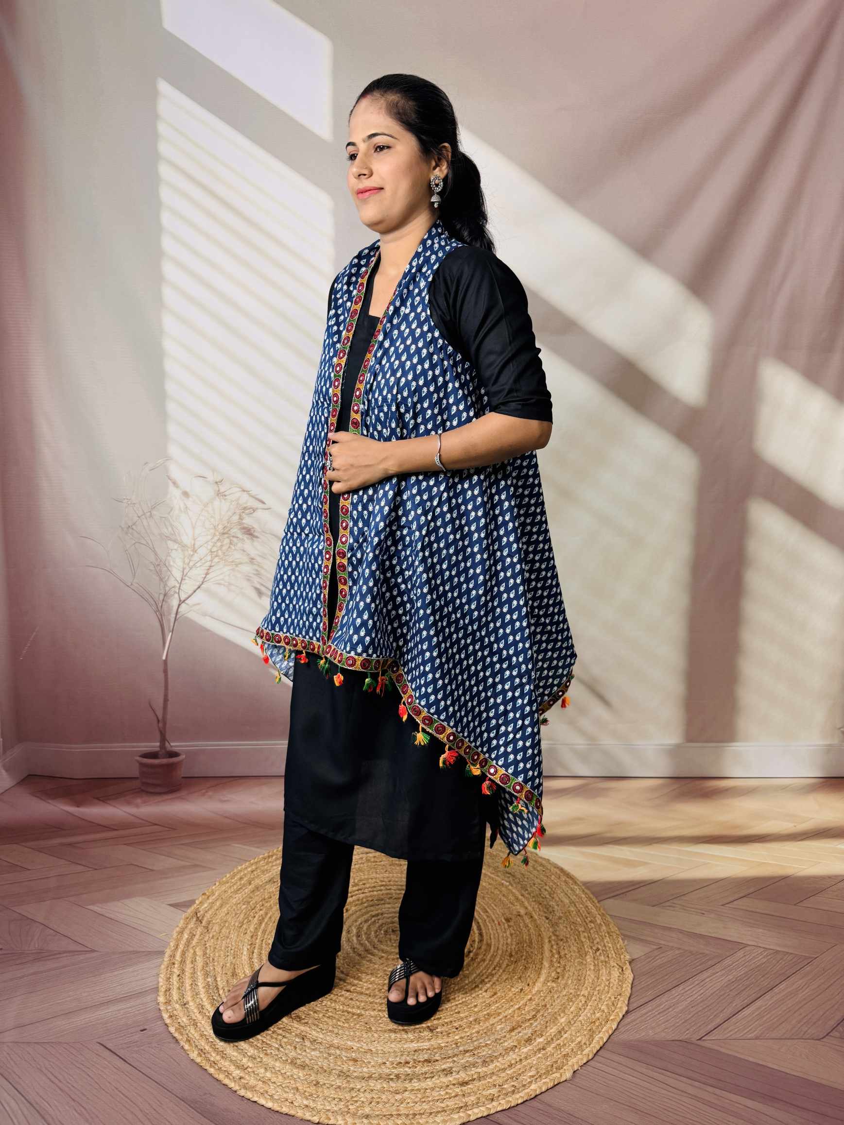 Ajarakh Soft Cotton Tassel Shrug