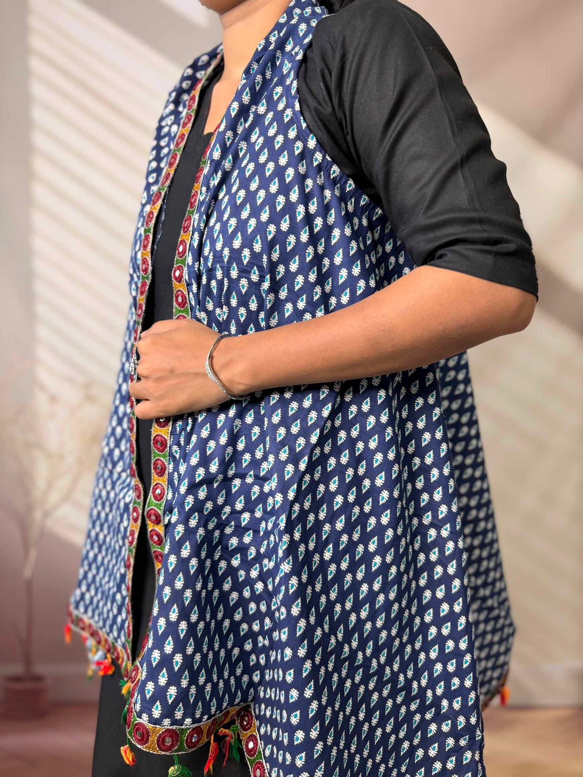 Ajarakh Soft Cotton Tassel Shrug