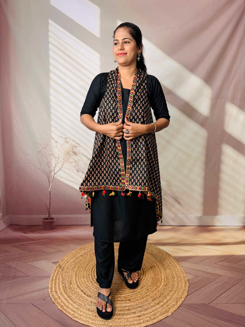 Ajarakh Soft Cotton Tassel Shrug
