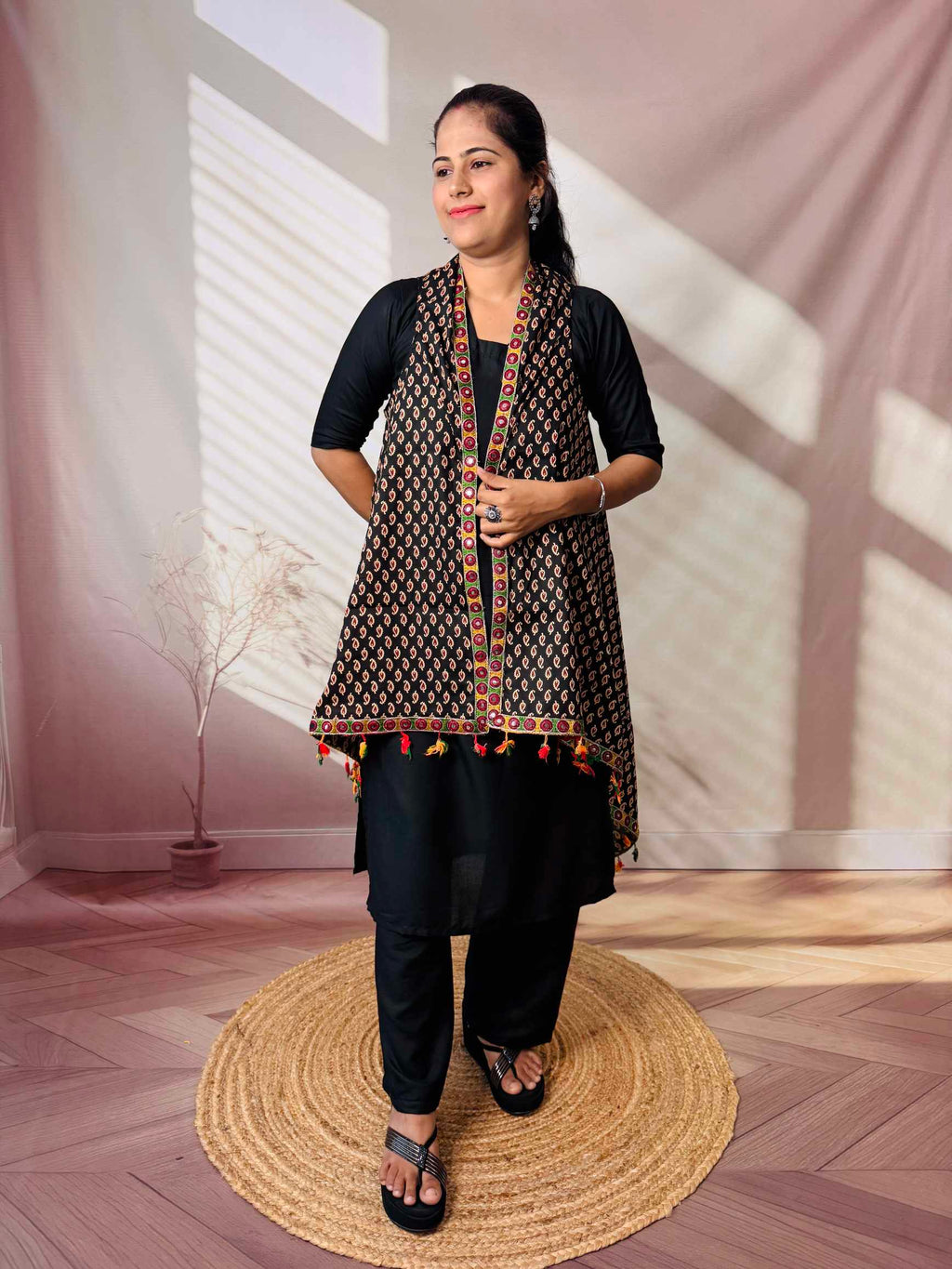 Ajarakh Soft Cotton Tassel Shrug