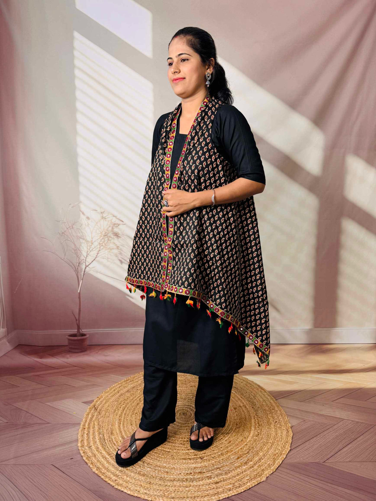 Ajarakh Soft Cotton Tassel Shrug