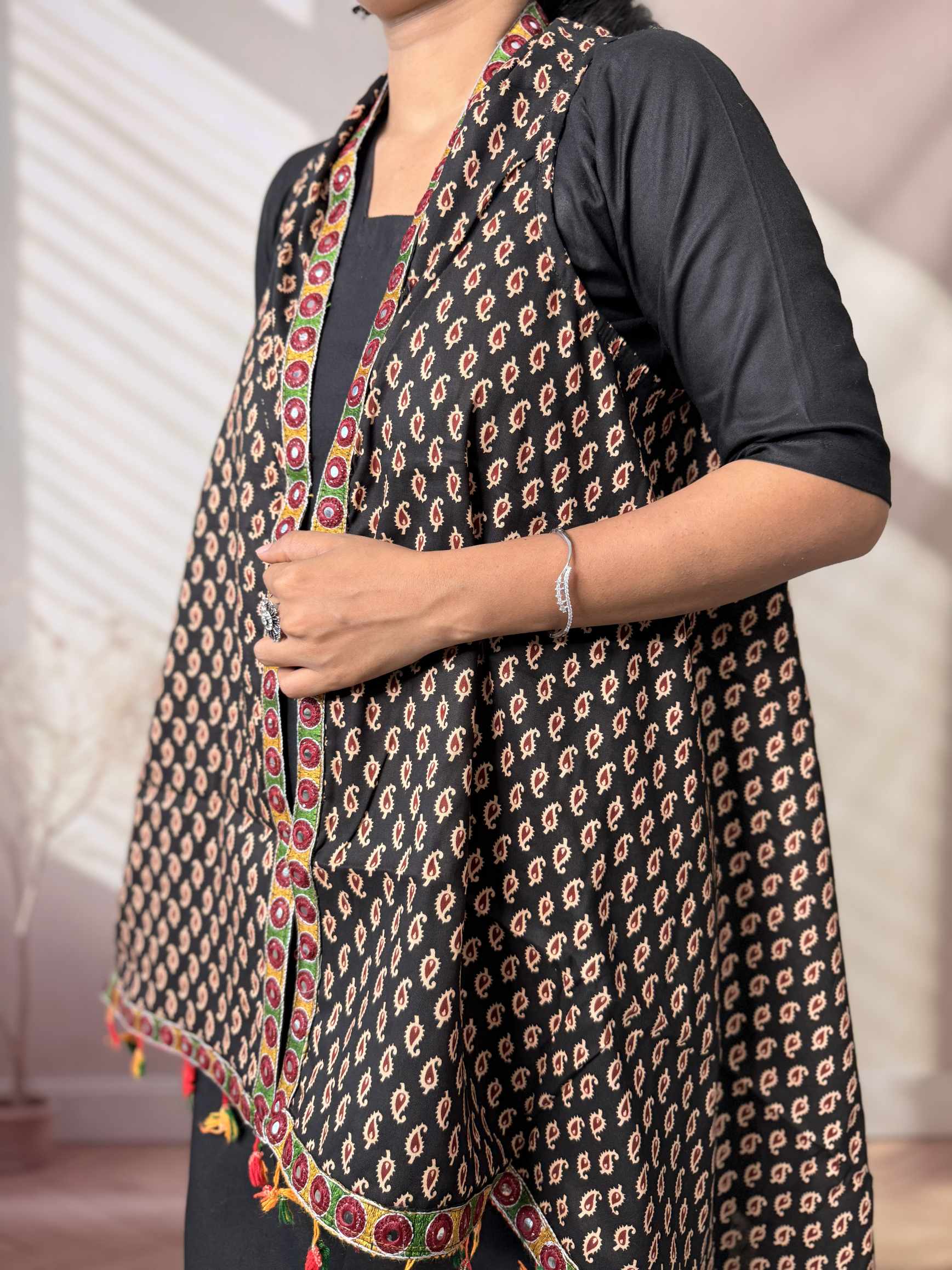 Ajarakh Soft Cotton Tassel Shrug