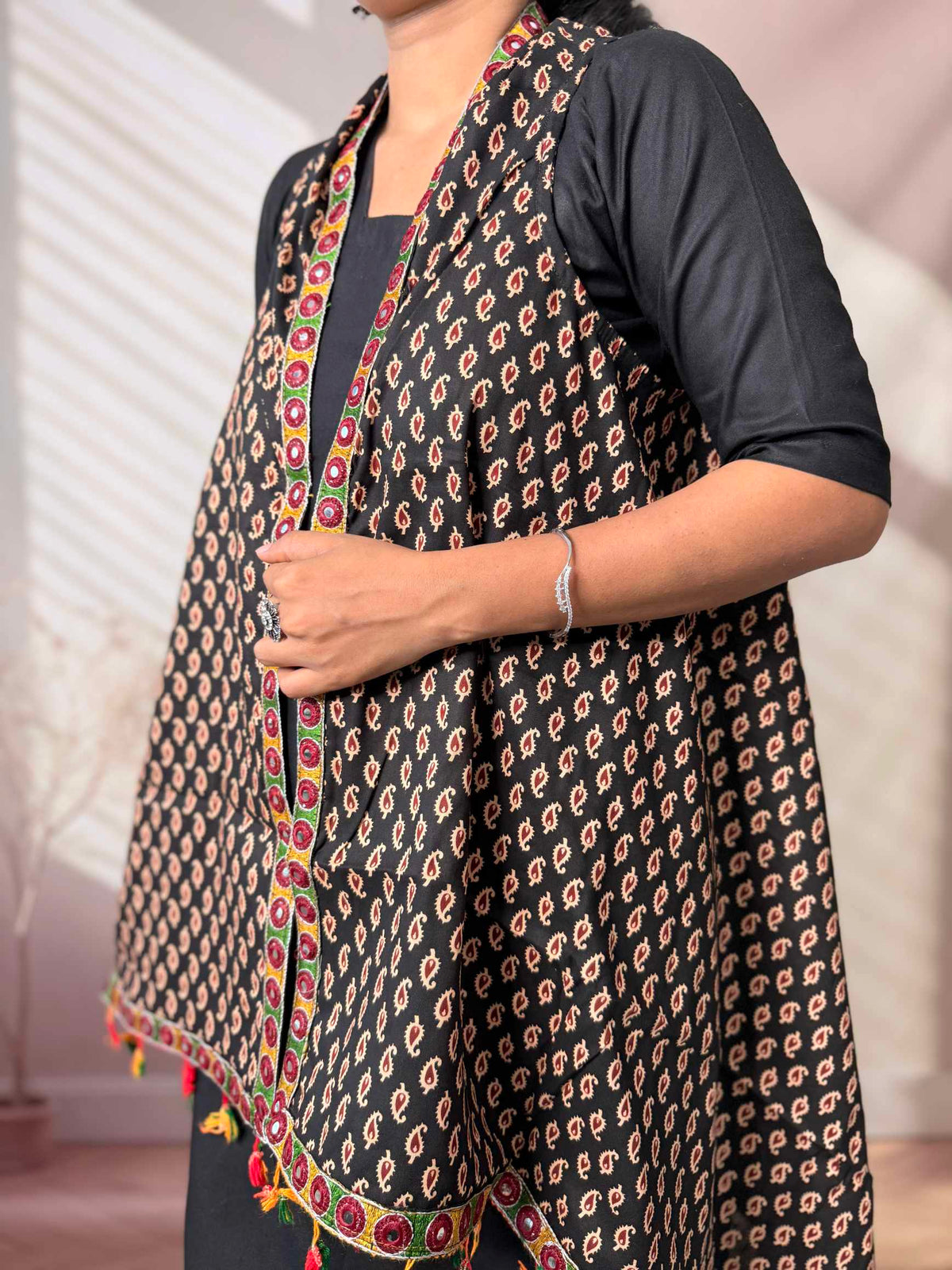 Ajarakh Soft Cotton Tassel Shrug