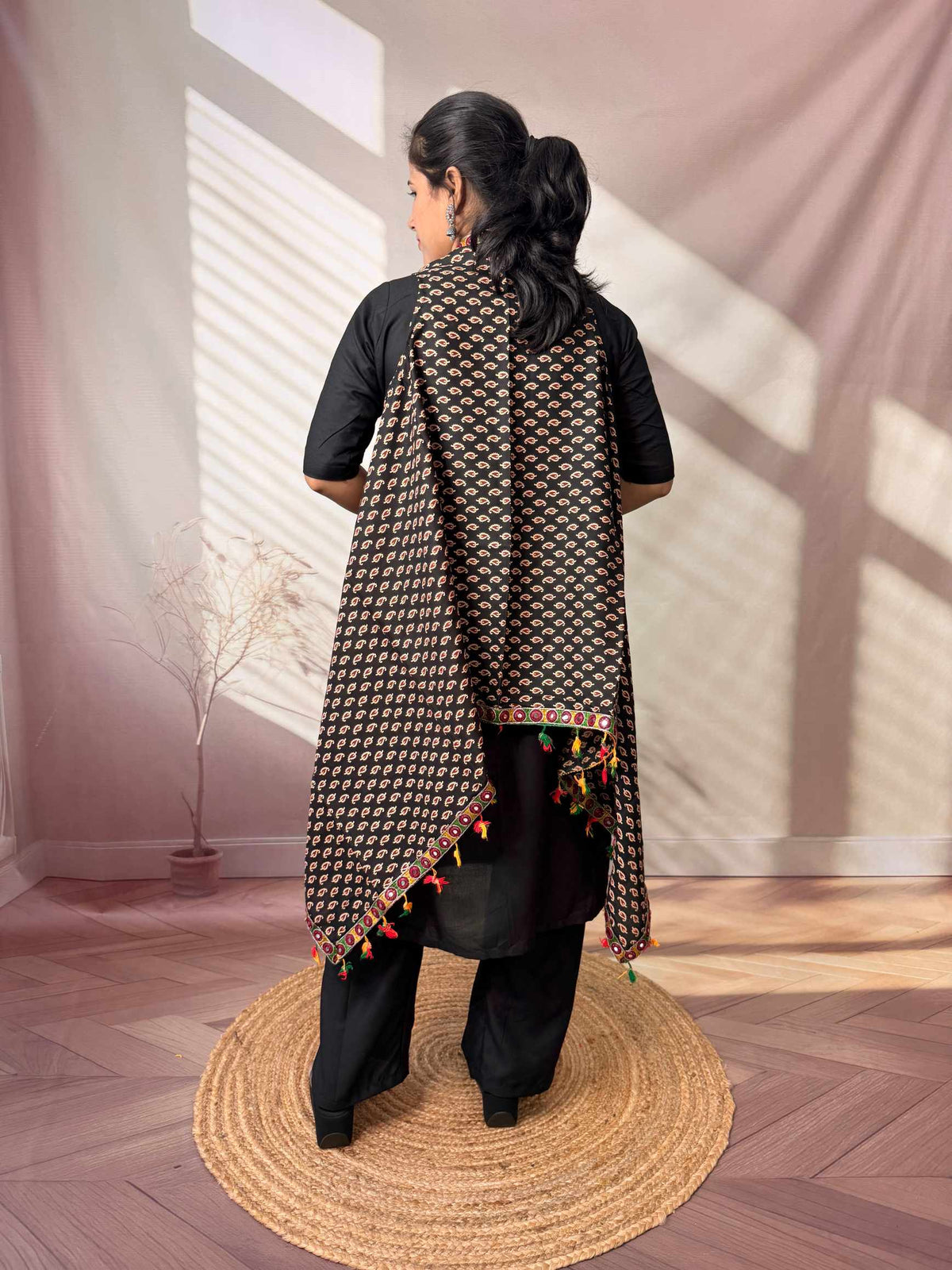 Ajarakh Soft Cotton Tassel Shrug