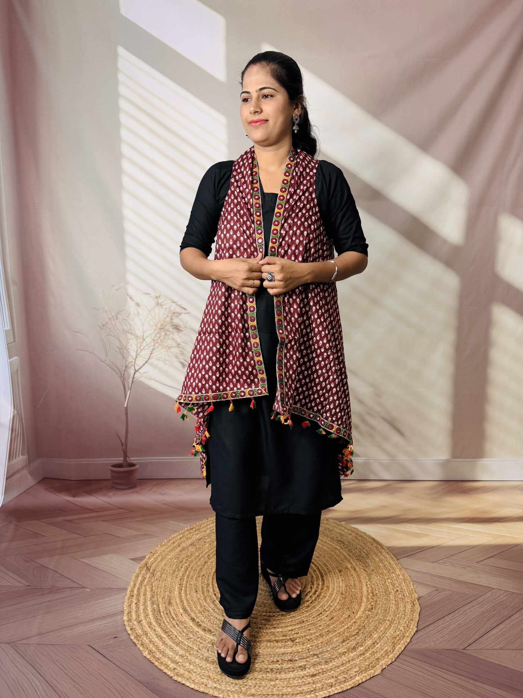 Ajarakh Soft Cotton Tassel Shrug