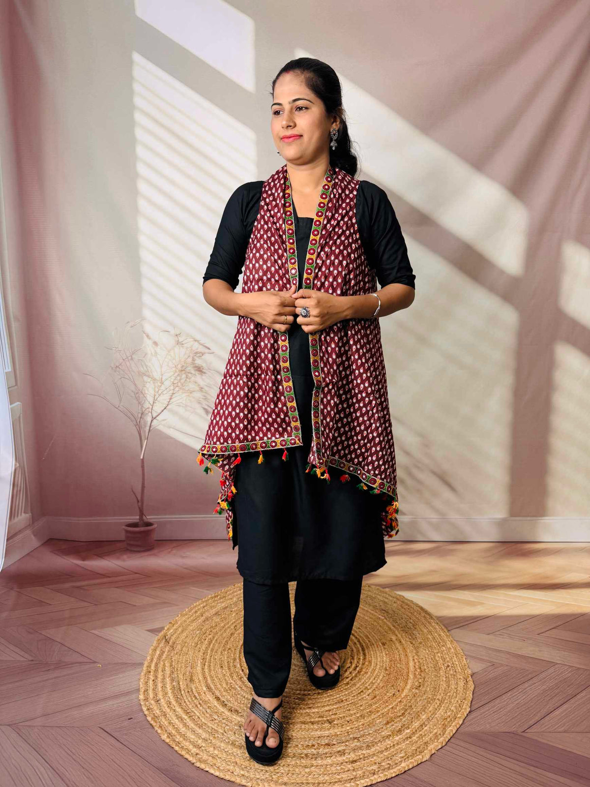 Ajarakh Soft Cotton Tassel Shrug