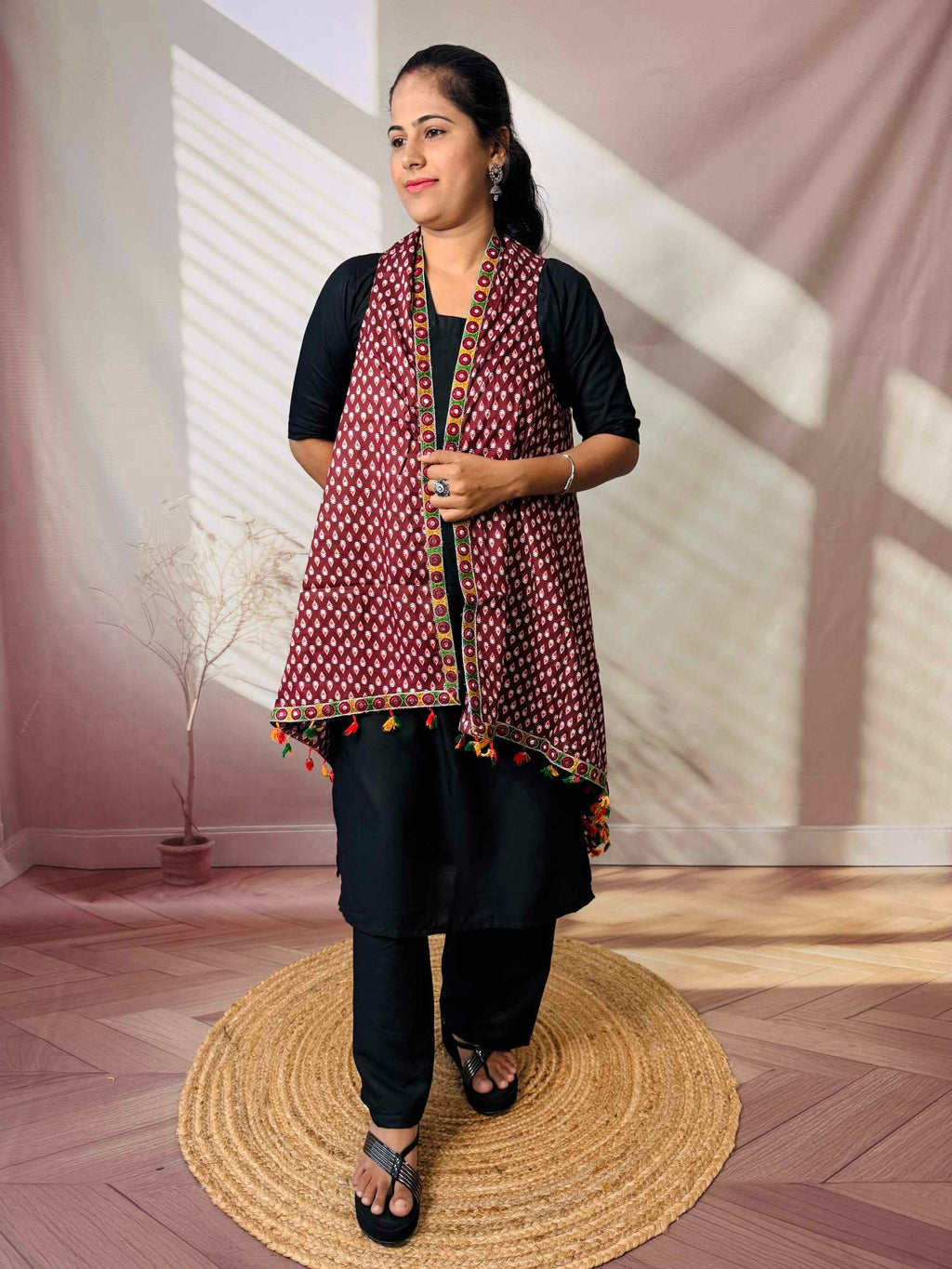 Ajarakh Soft Cotton Tassel Shrug