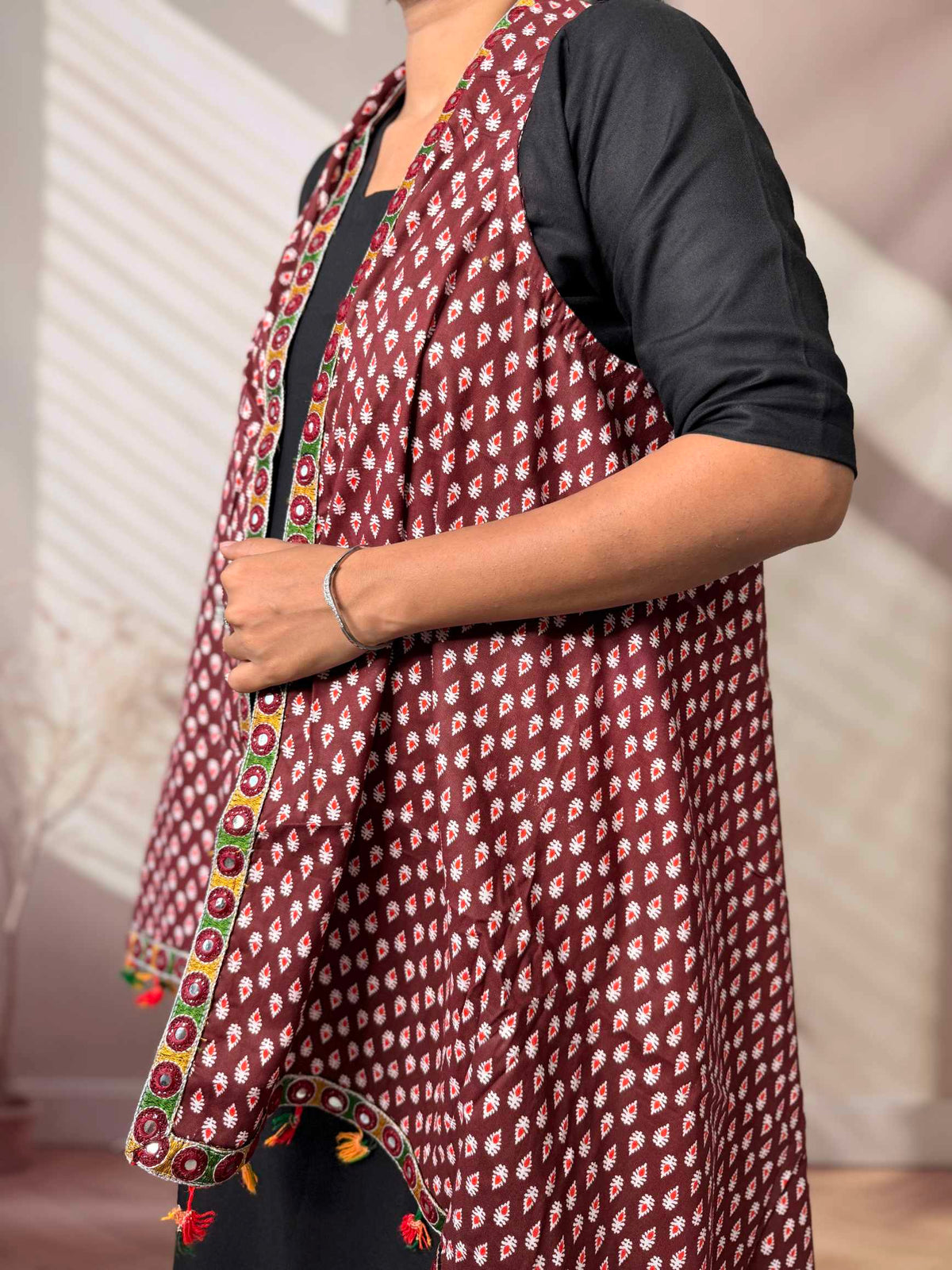 Ajarakh Soft Cotton Tassel Shrug