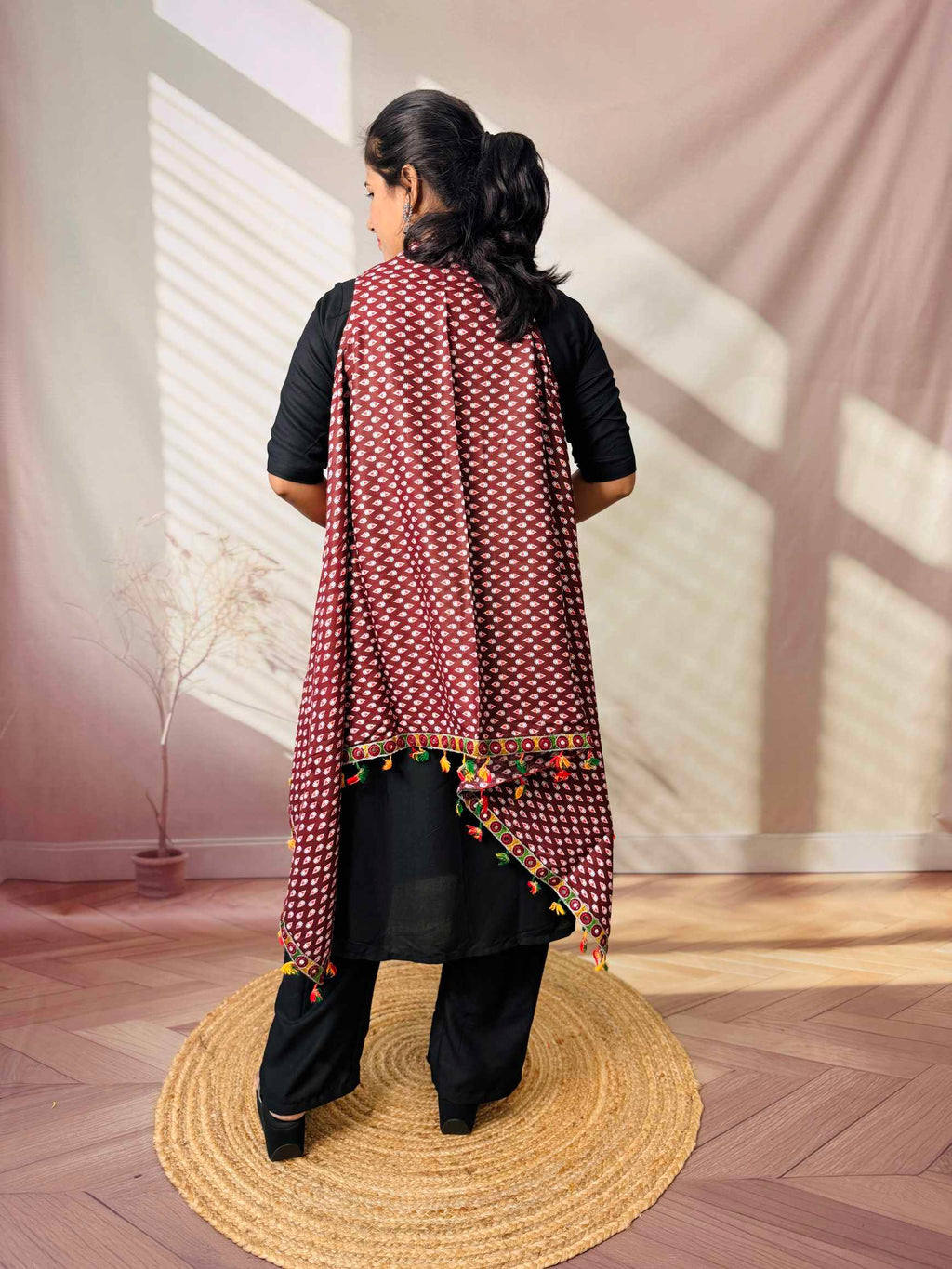 Ajarakh Soft Cotton Tassel Shrug