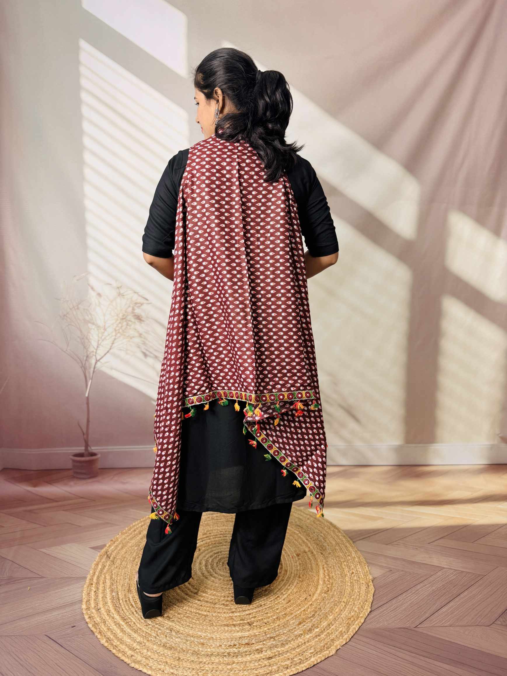 Ajarakh Soft Cotton Tassel Shrug