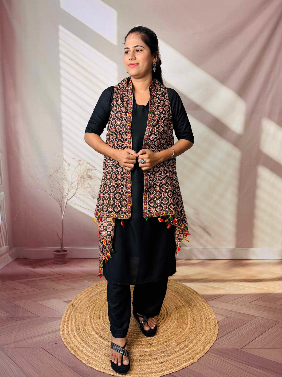 Ajarakh Soft Cotton Tassel Shrug
