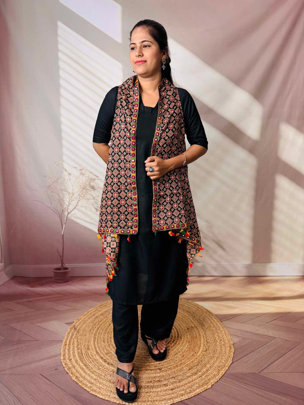 Ajarakh Soft Cotton Tassel Shrug