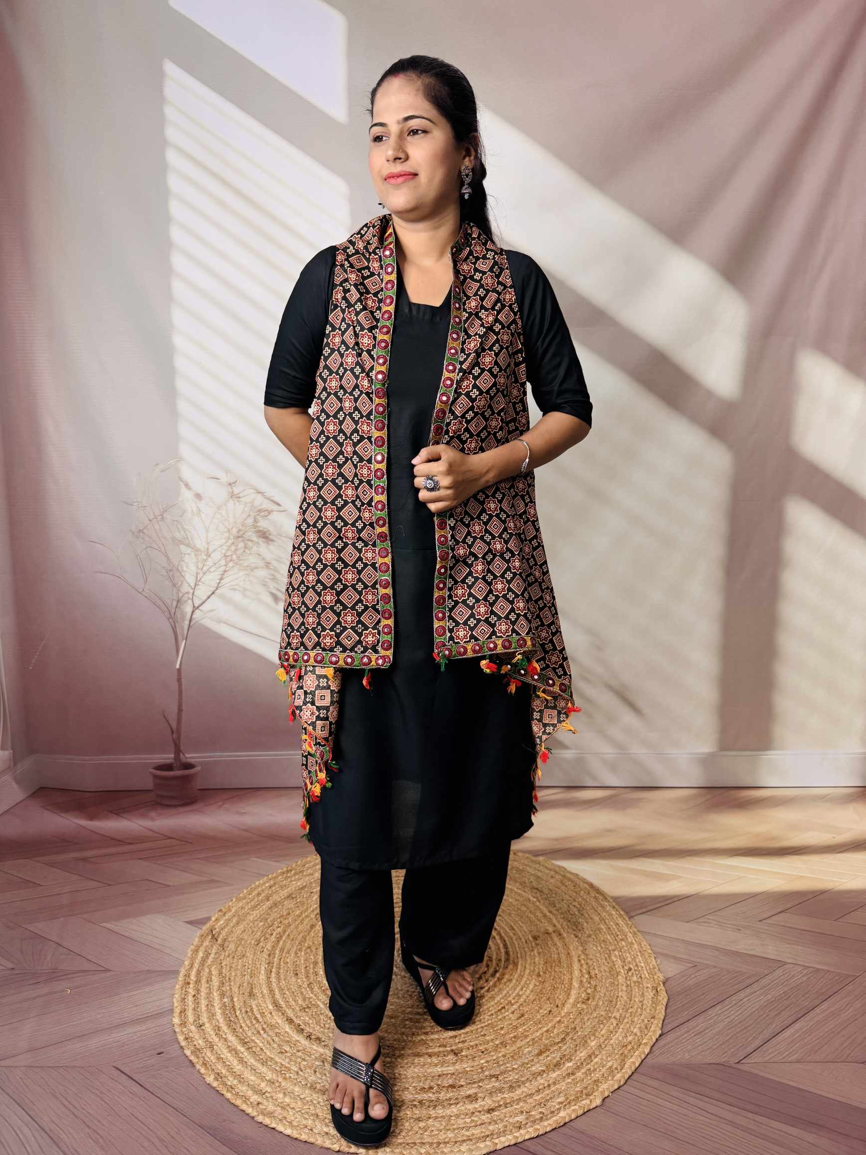 Ajarakh Soft Cotton Tassel Shrug