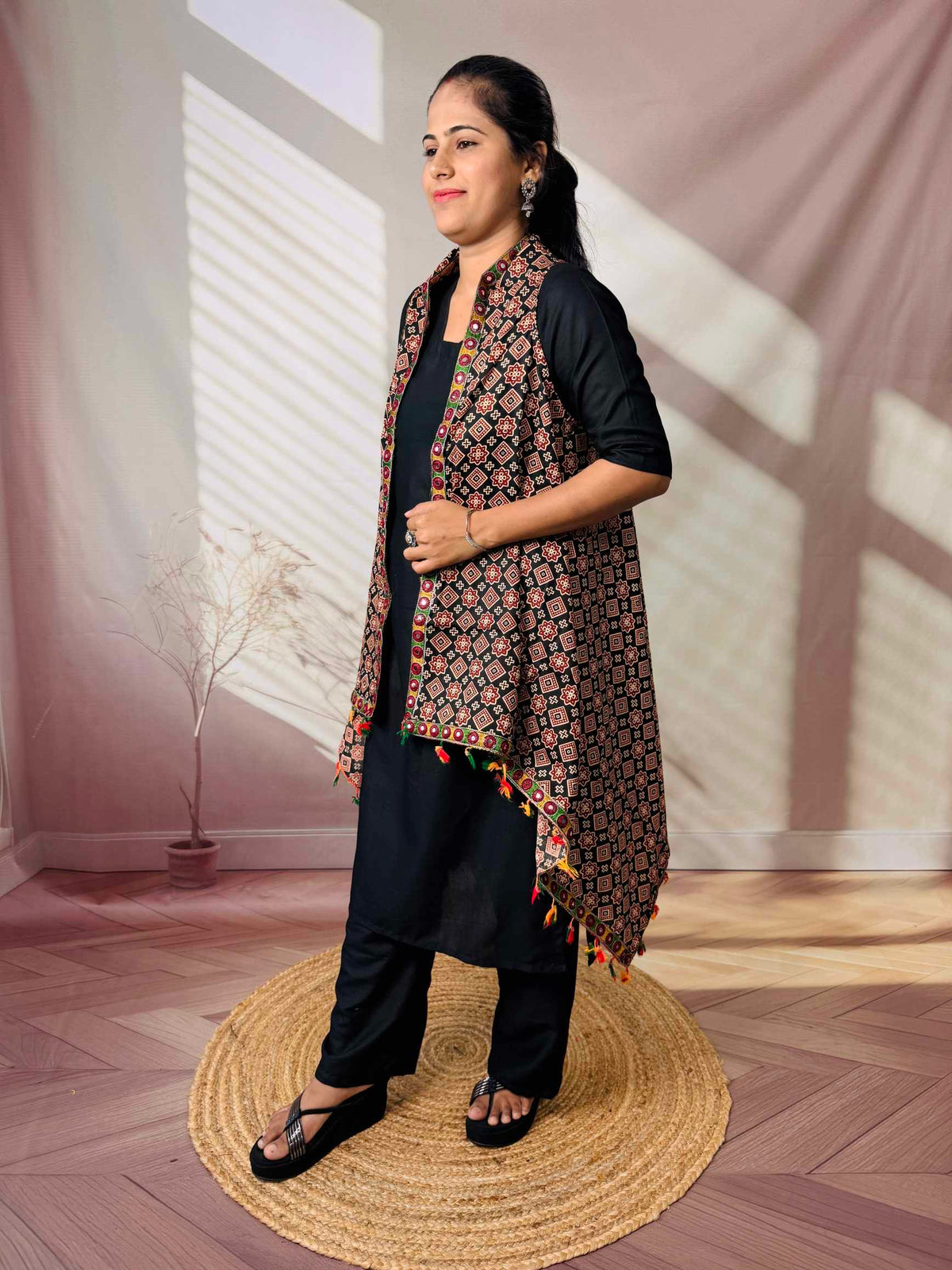 Ajarakh Soft Cotton Tassel Shrug