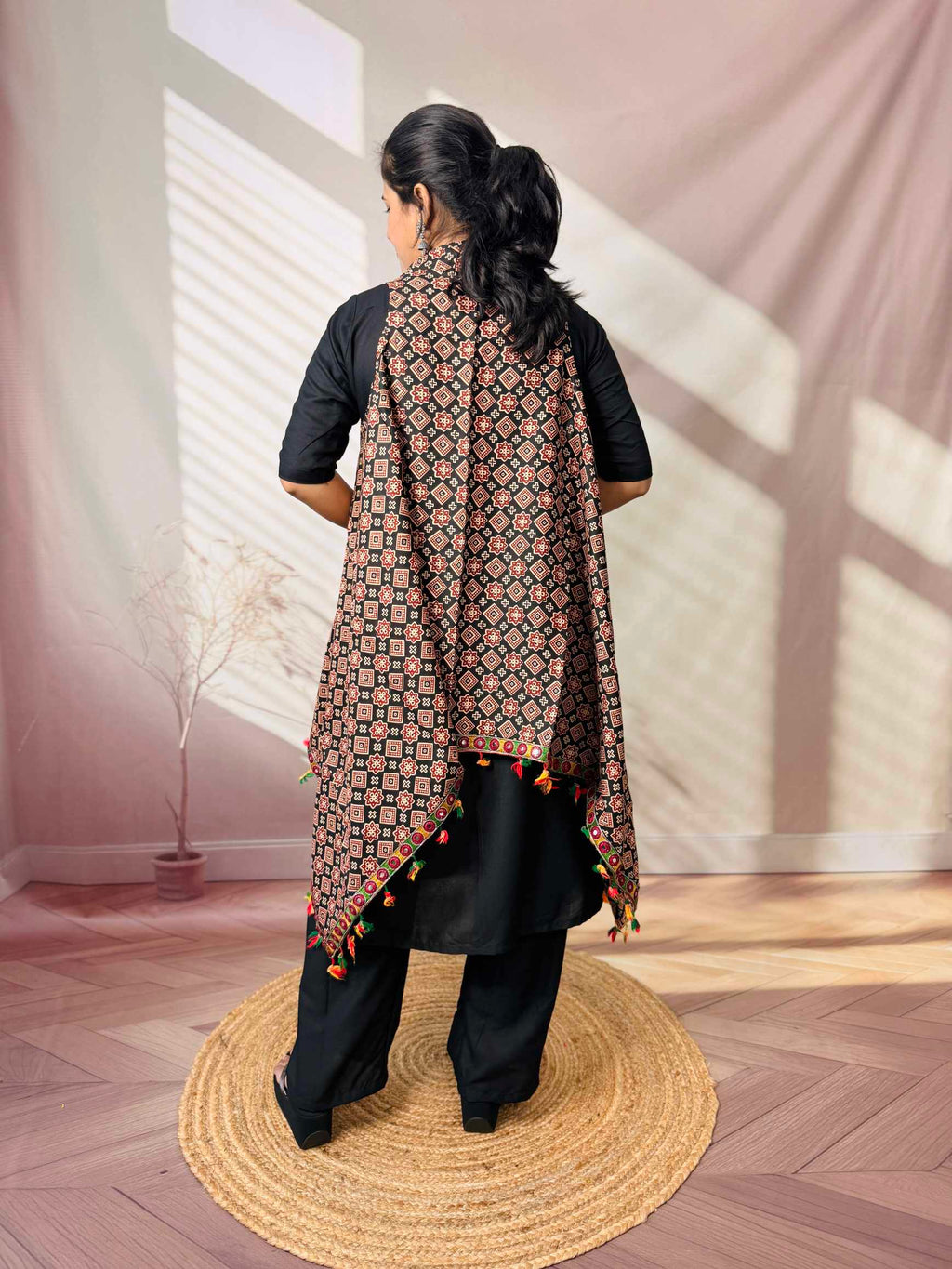Ajarakh Soft Cotton Tassel Shrug