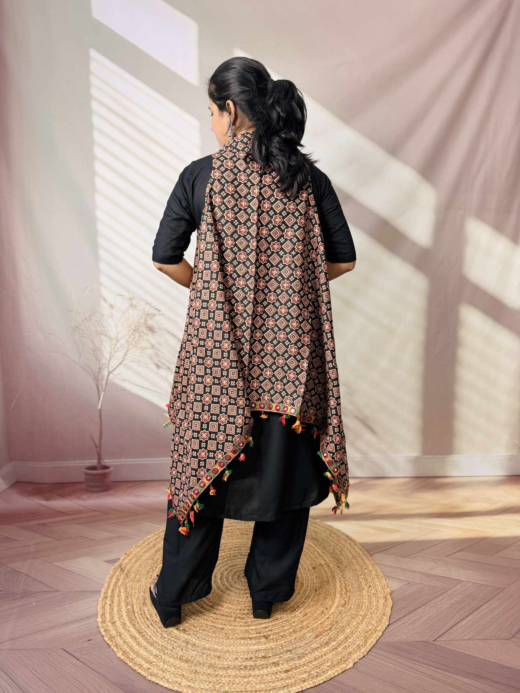 Ajarakh Soft Cotton Tassel Shrug