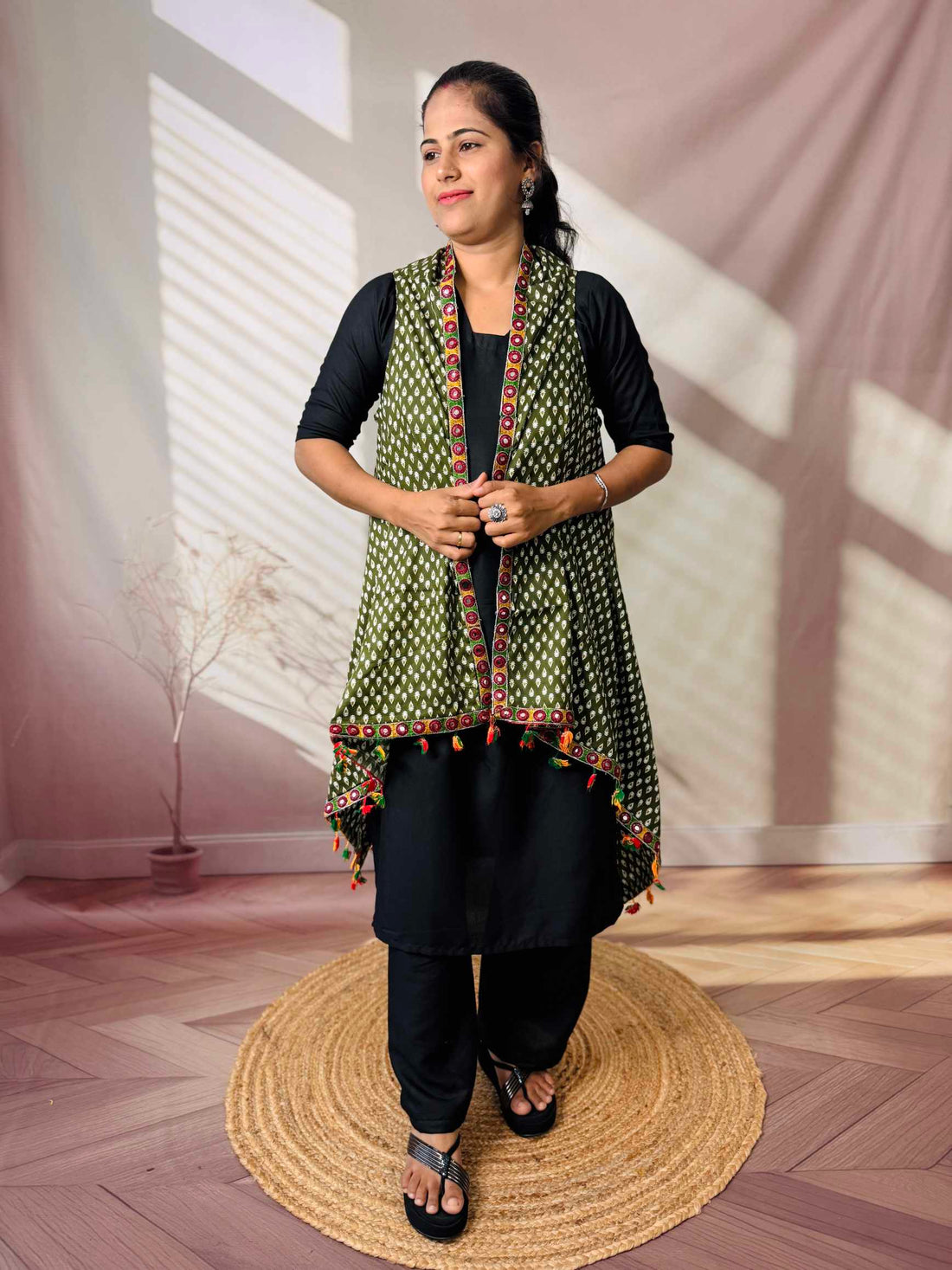 Ajarakh Soft Cotton Tassel Shrug