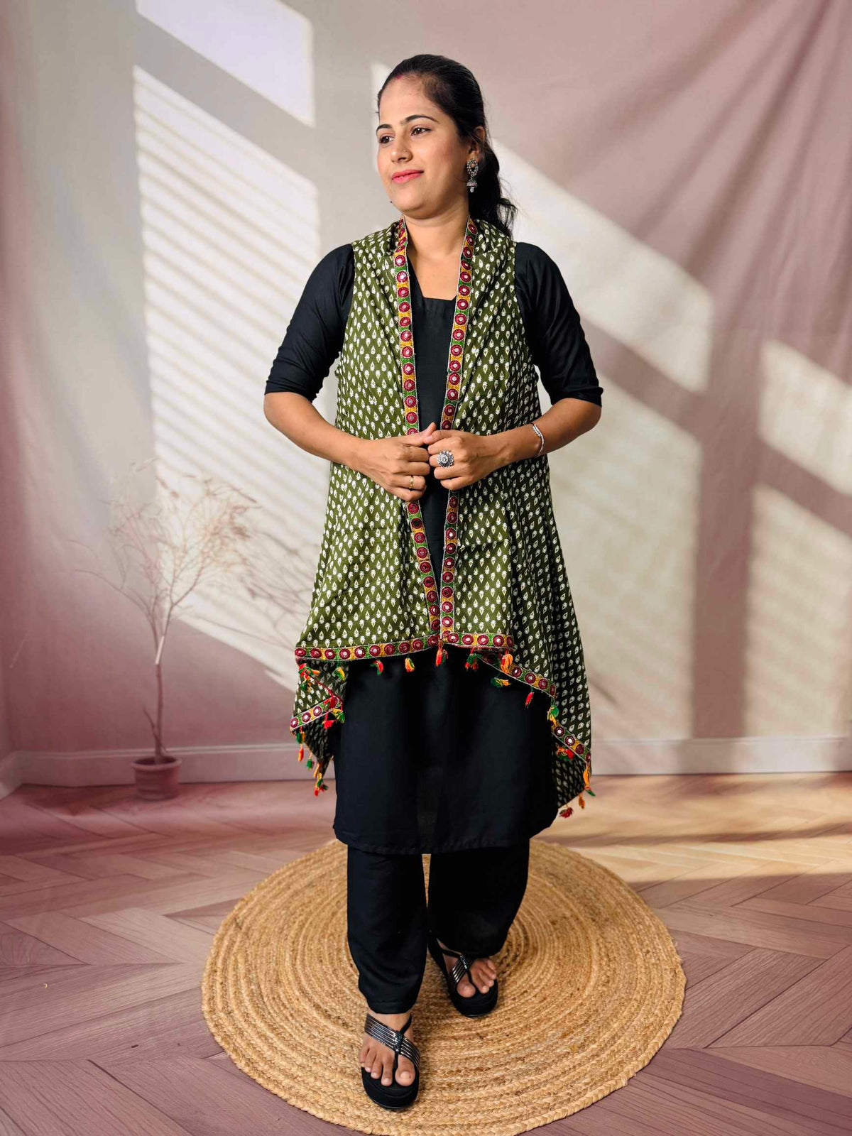 Ajarakh Soft Cotton Tassel Shrug