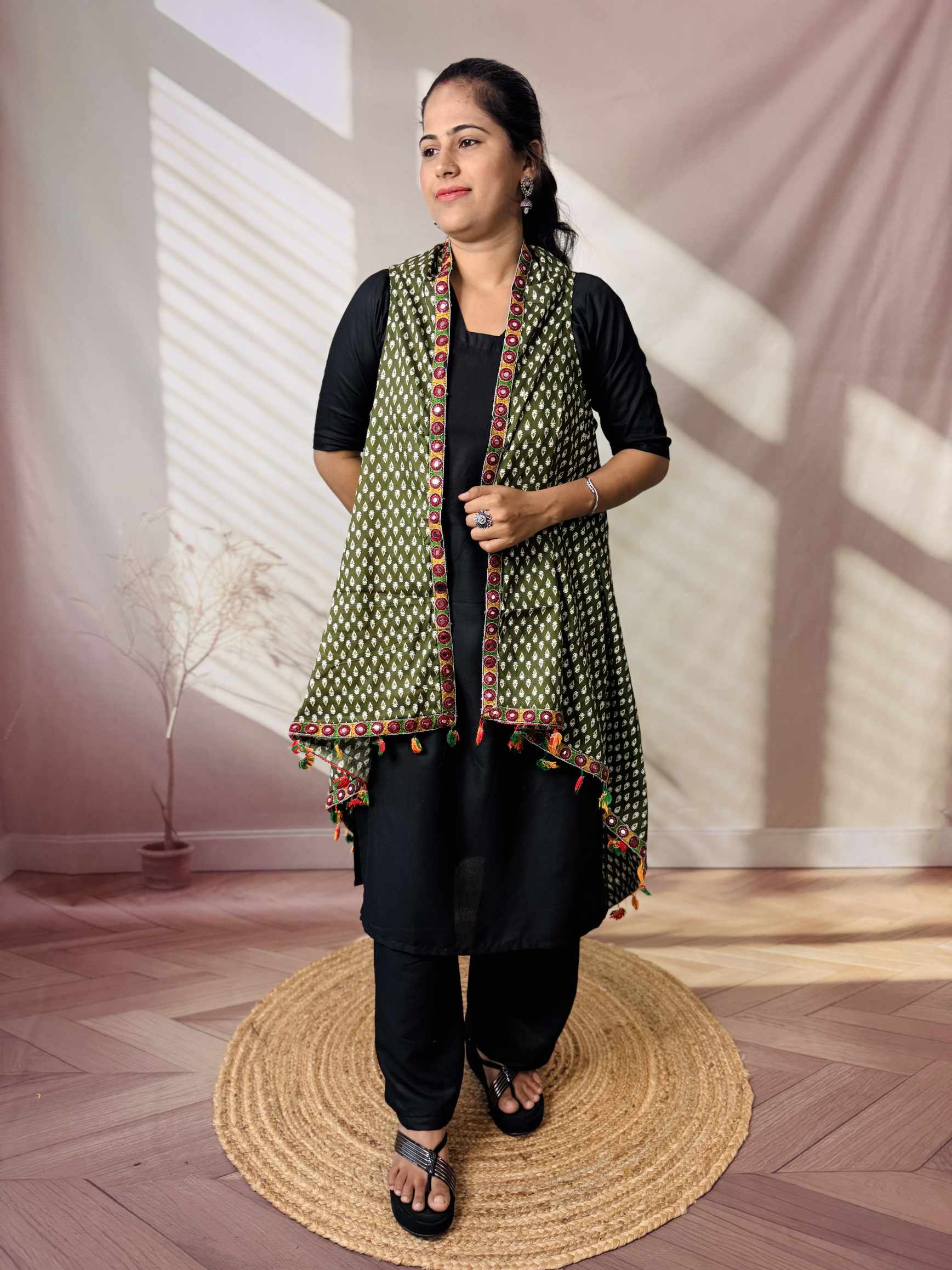 Ajarakh Soft Cotton Tassel Shrug