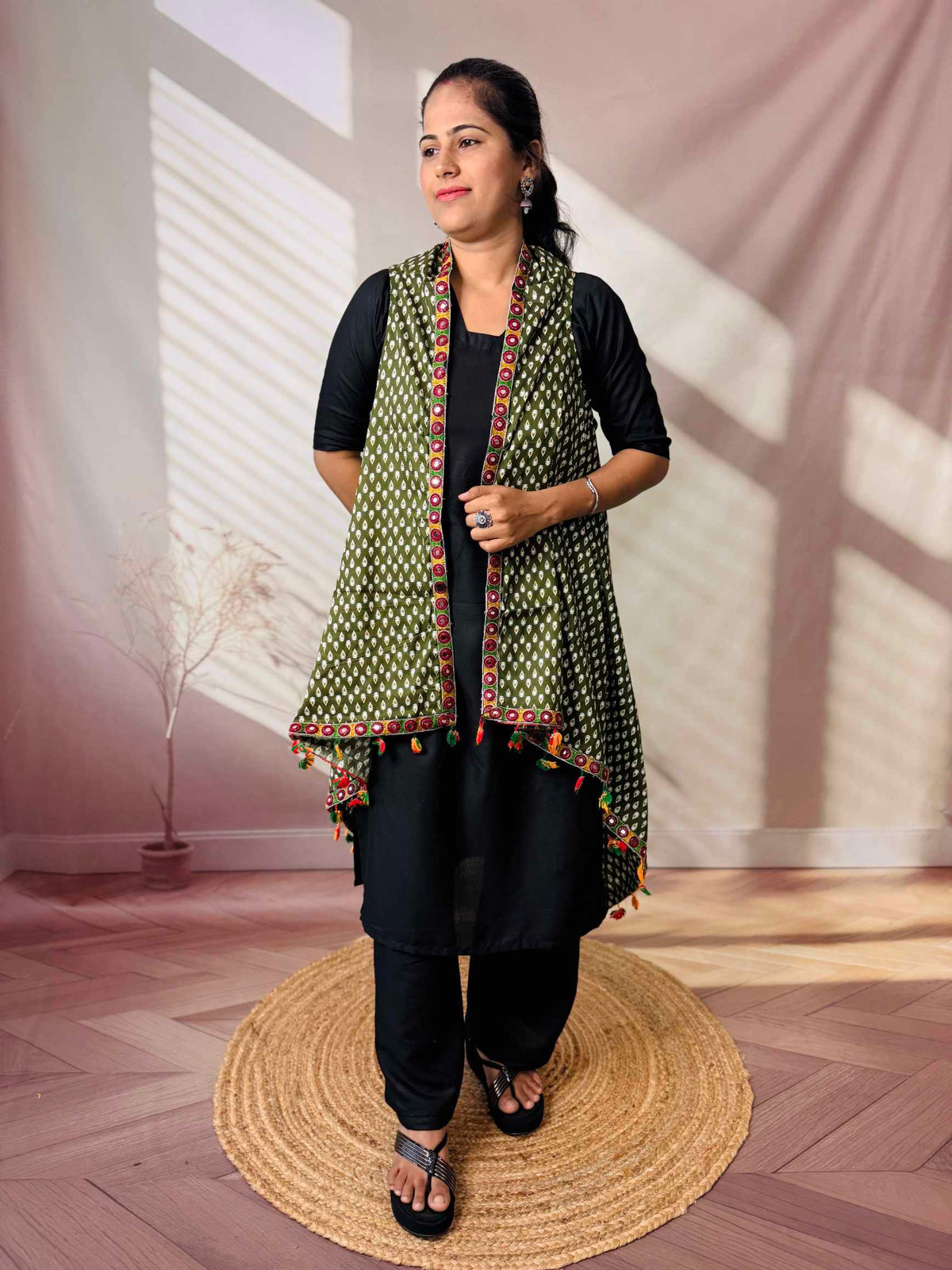 Ajarakh Soft Cotton Tassel Shrug