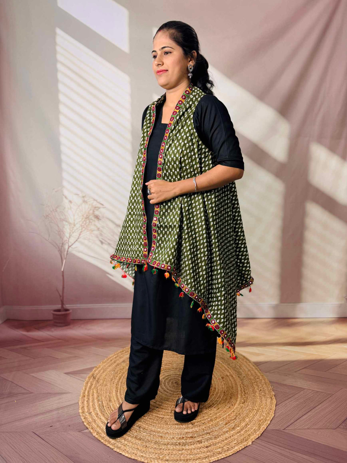 Ajarakh Soft Cotton Tassel Shrug