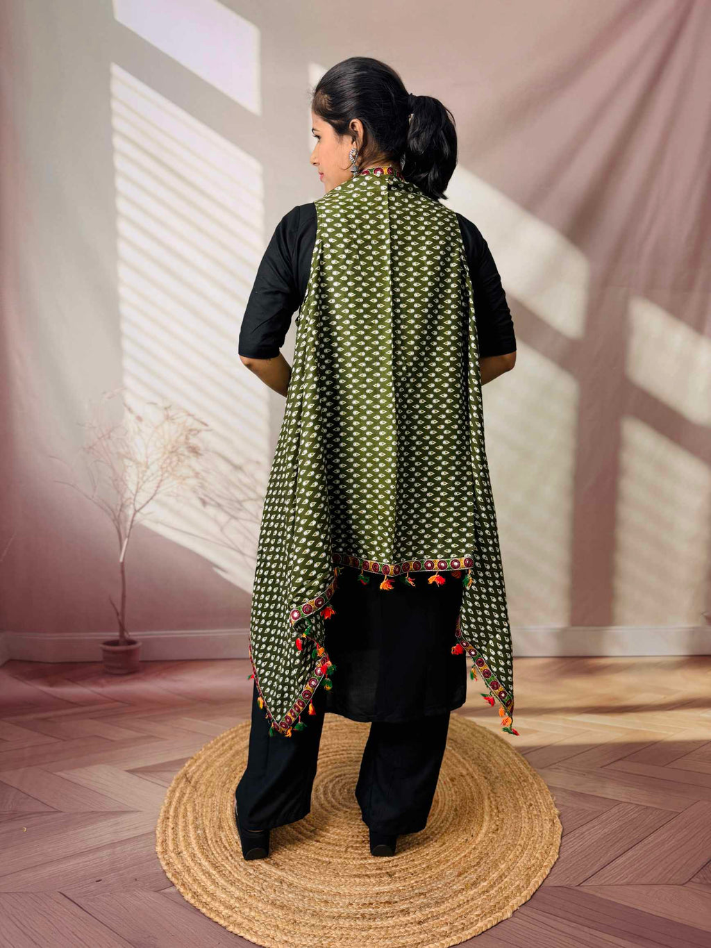 Ajarakh Soft Cotton Tassel Shrug