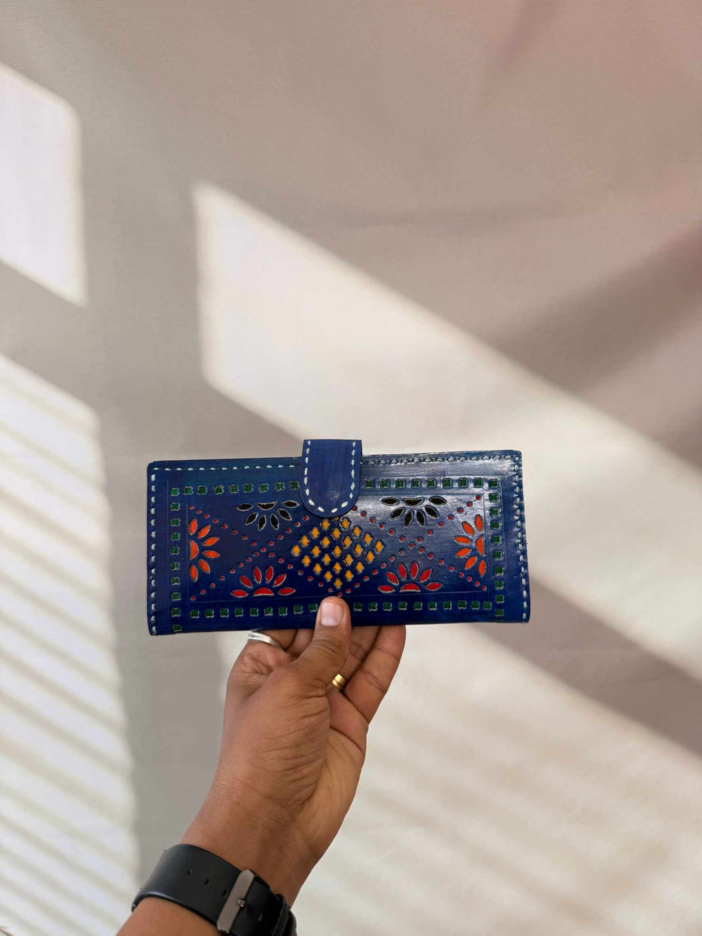 Blue Punching Flap Leather Wallet