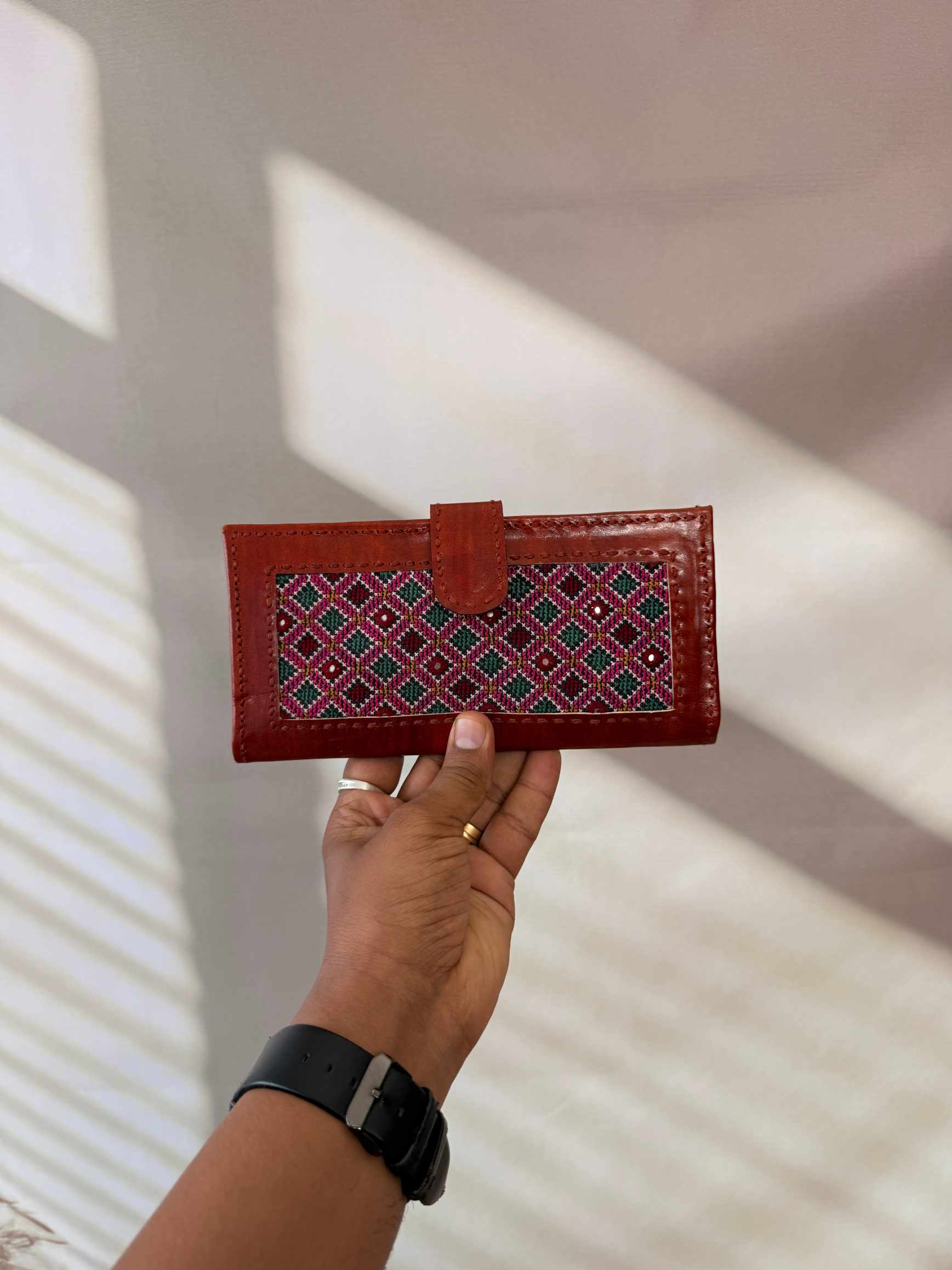 Brown Jat Embroidered Flap Leather Wallet