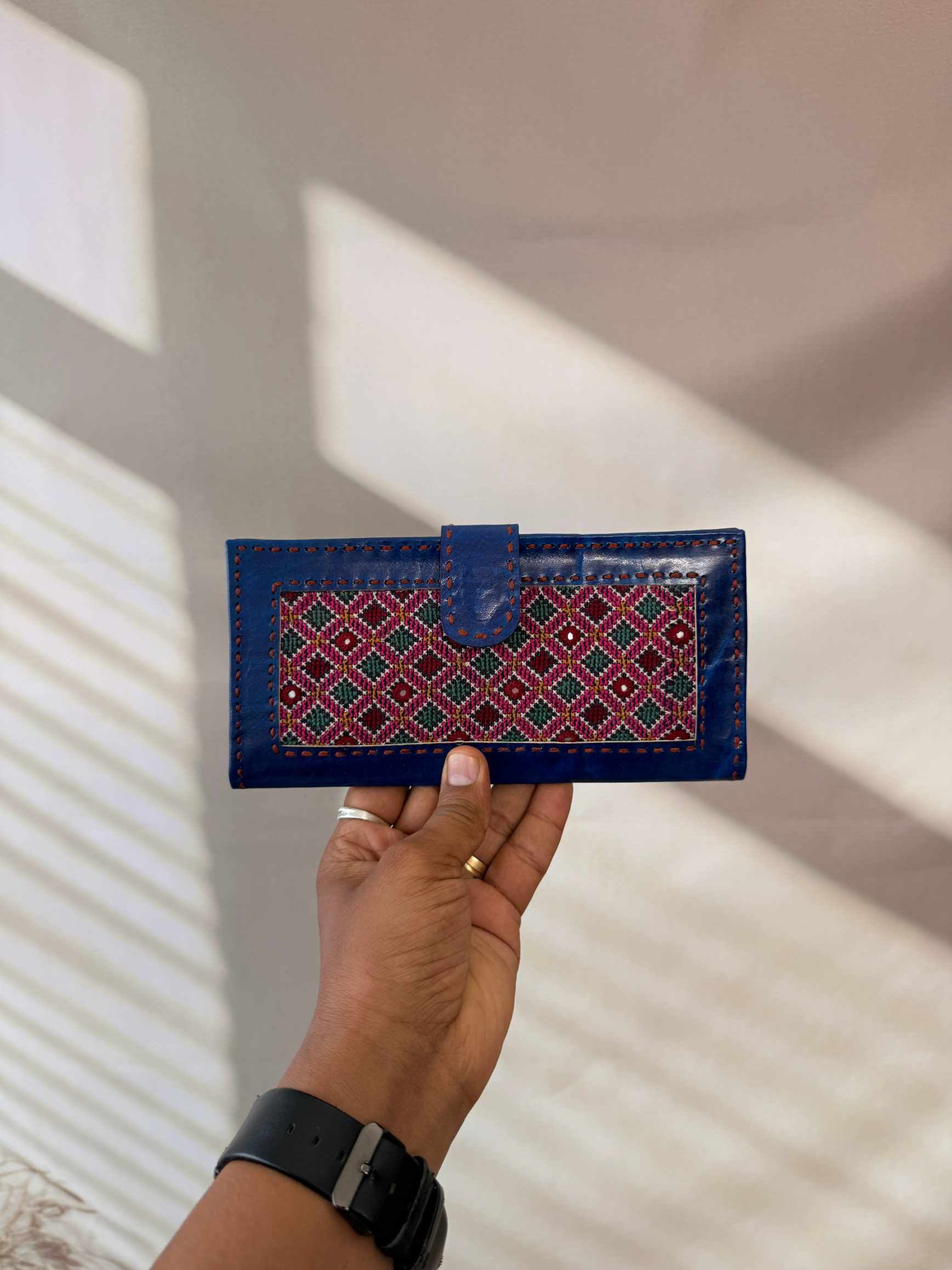 Blue Jat Embroidered Flap Leather Wallet