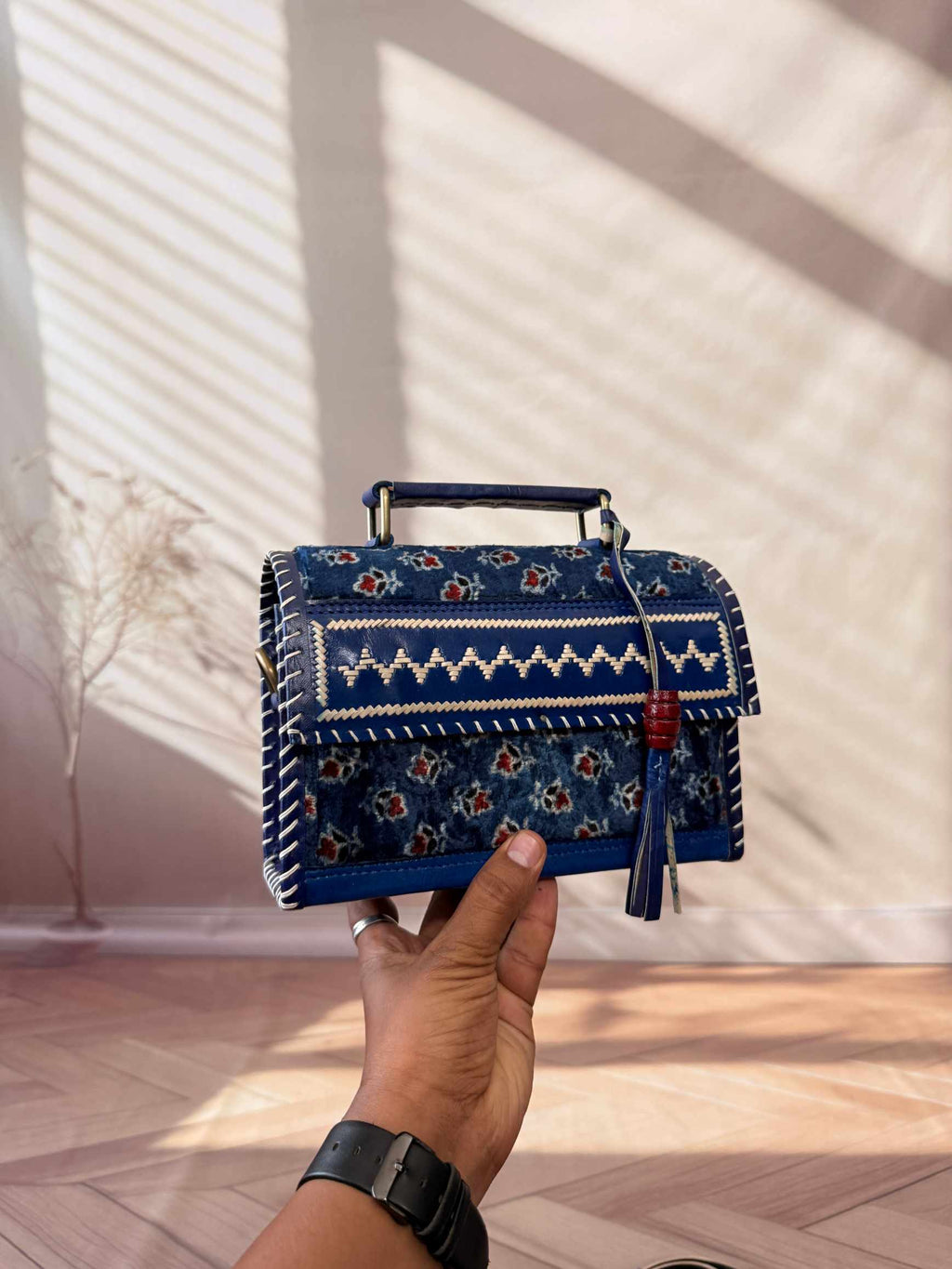 Indigo Ajarakh Velvet - The Hut Bag