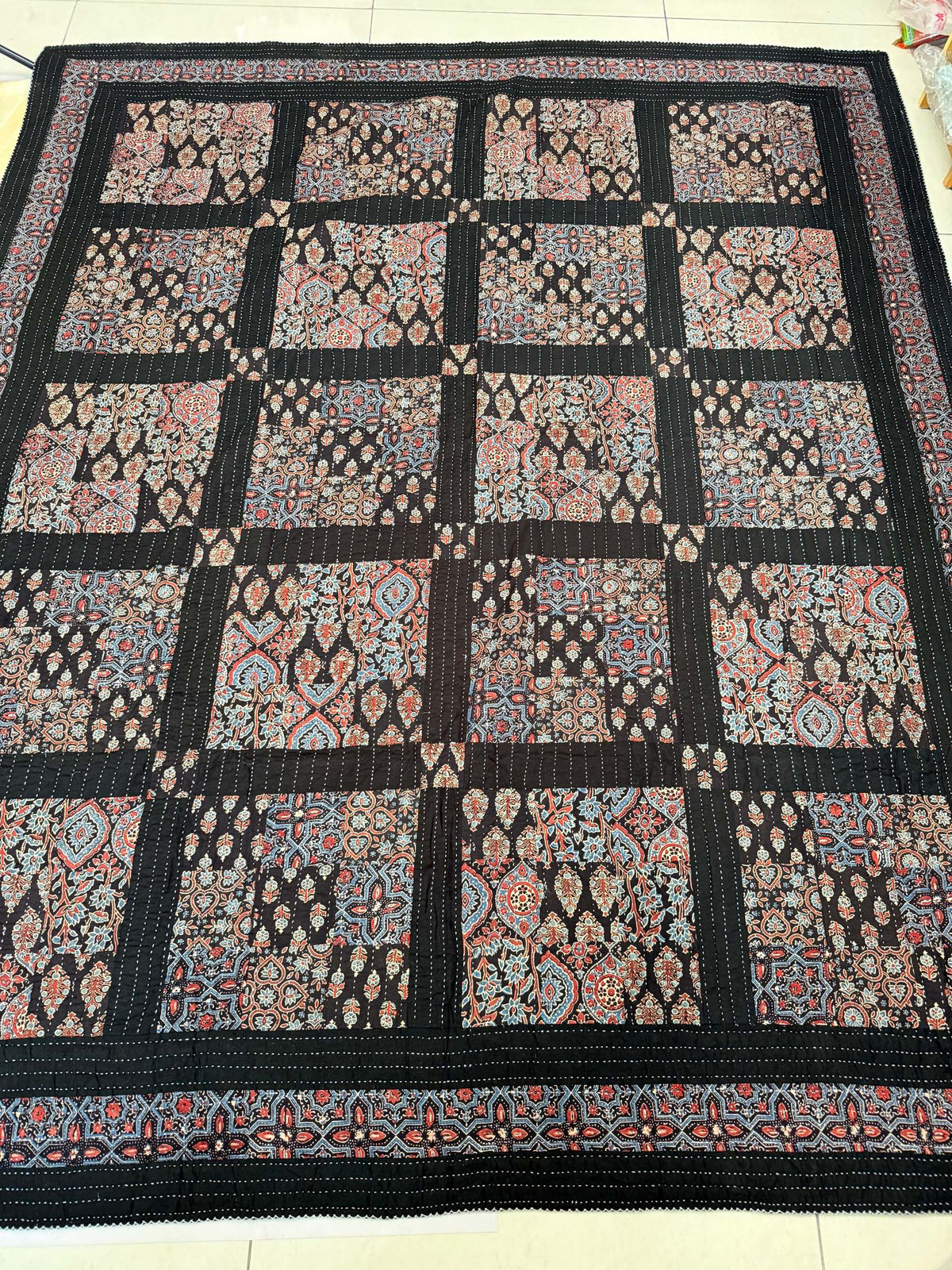 Handcrafted Ajarakh Patchwork Cotton Quilt / Rajai /Bedcover