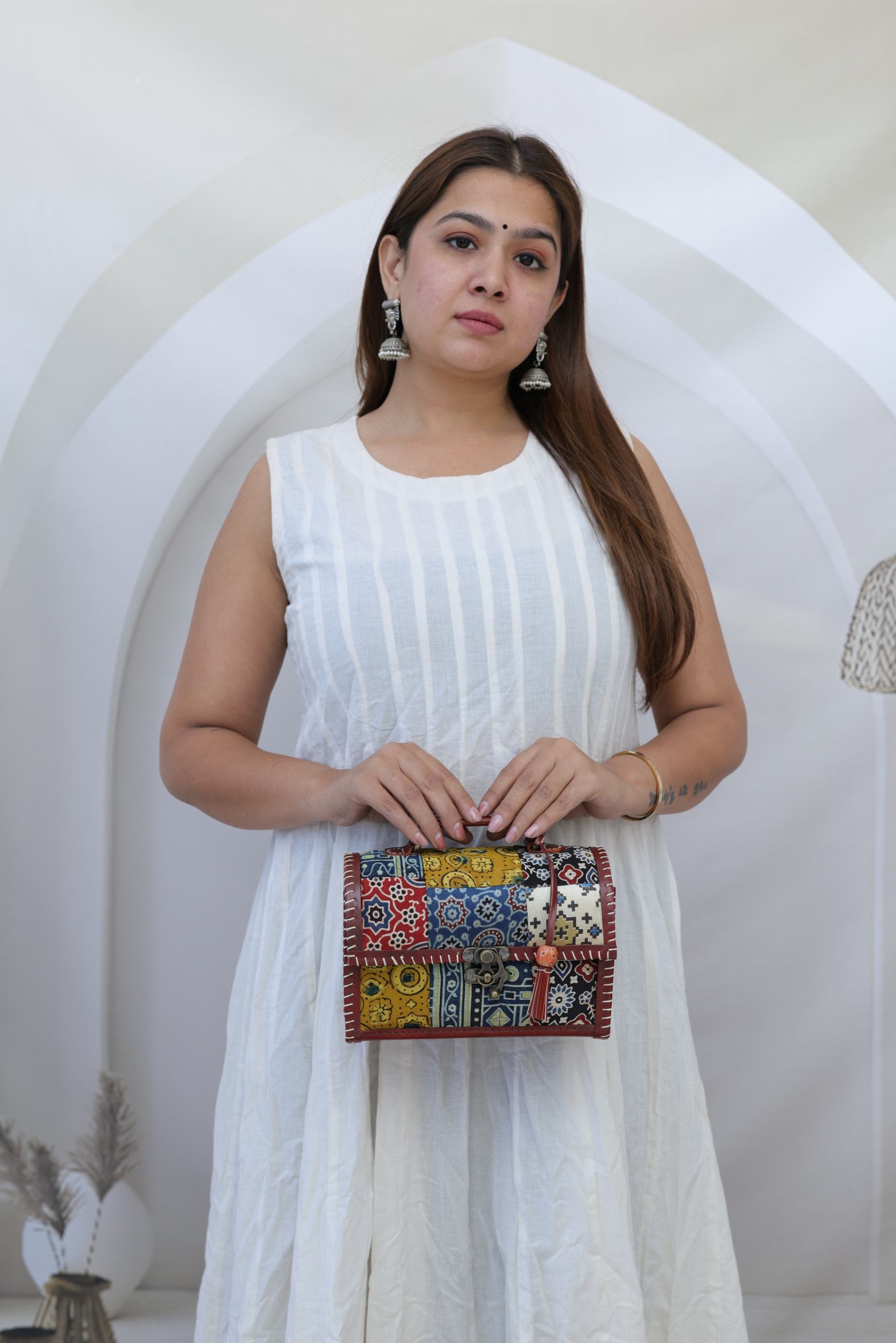 Ajarakh Patchwork Hut - The Leather Sling  bag