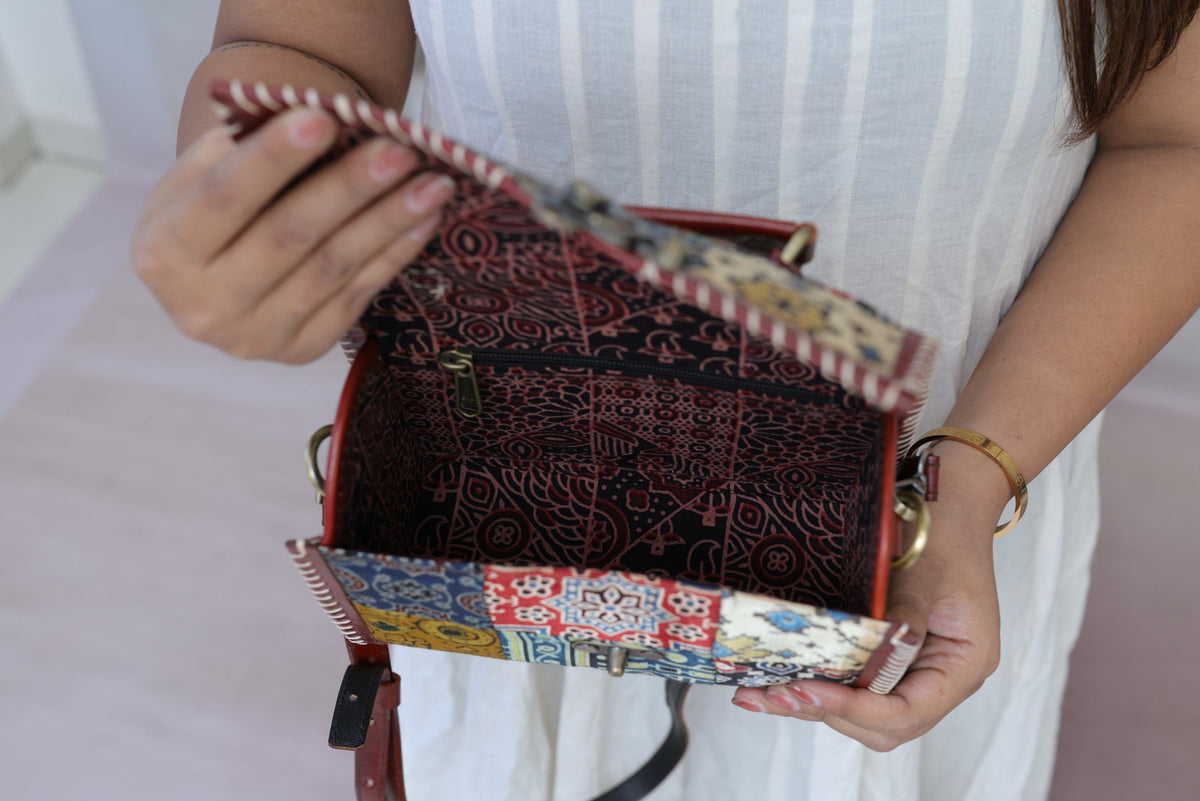 Ajarakh Patchwork Hut - The Leather Sling  bag