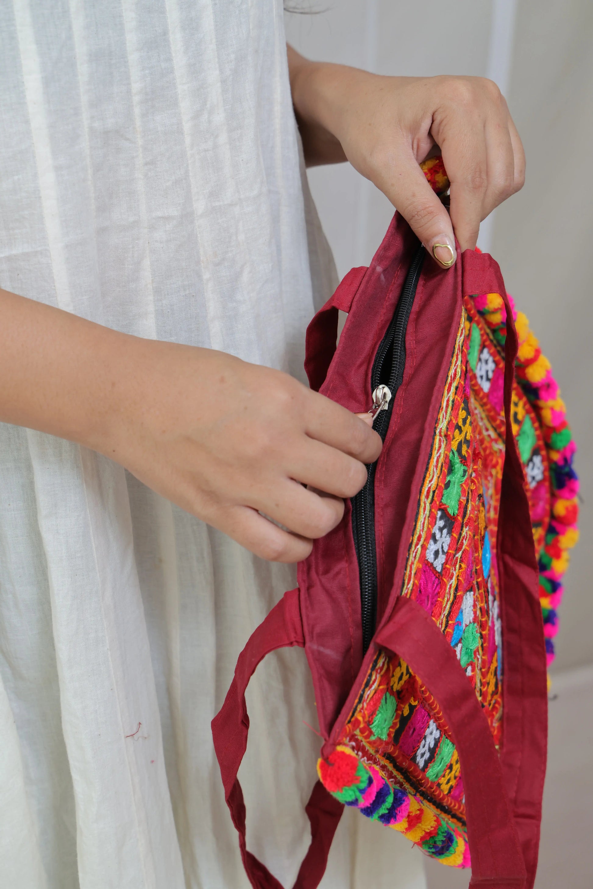 Kutchh Handwork Round Pop Pom Shoulder Bag RAKHIYO
