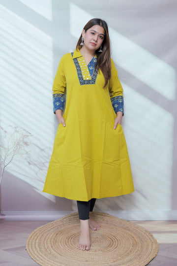 Sejal Plain Collar & Mirror A Line Cotton Kurti