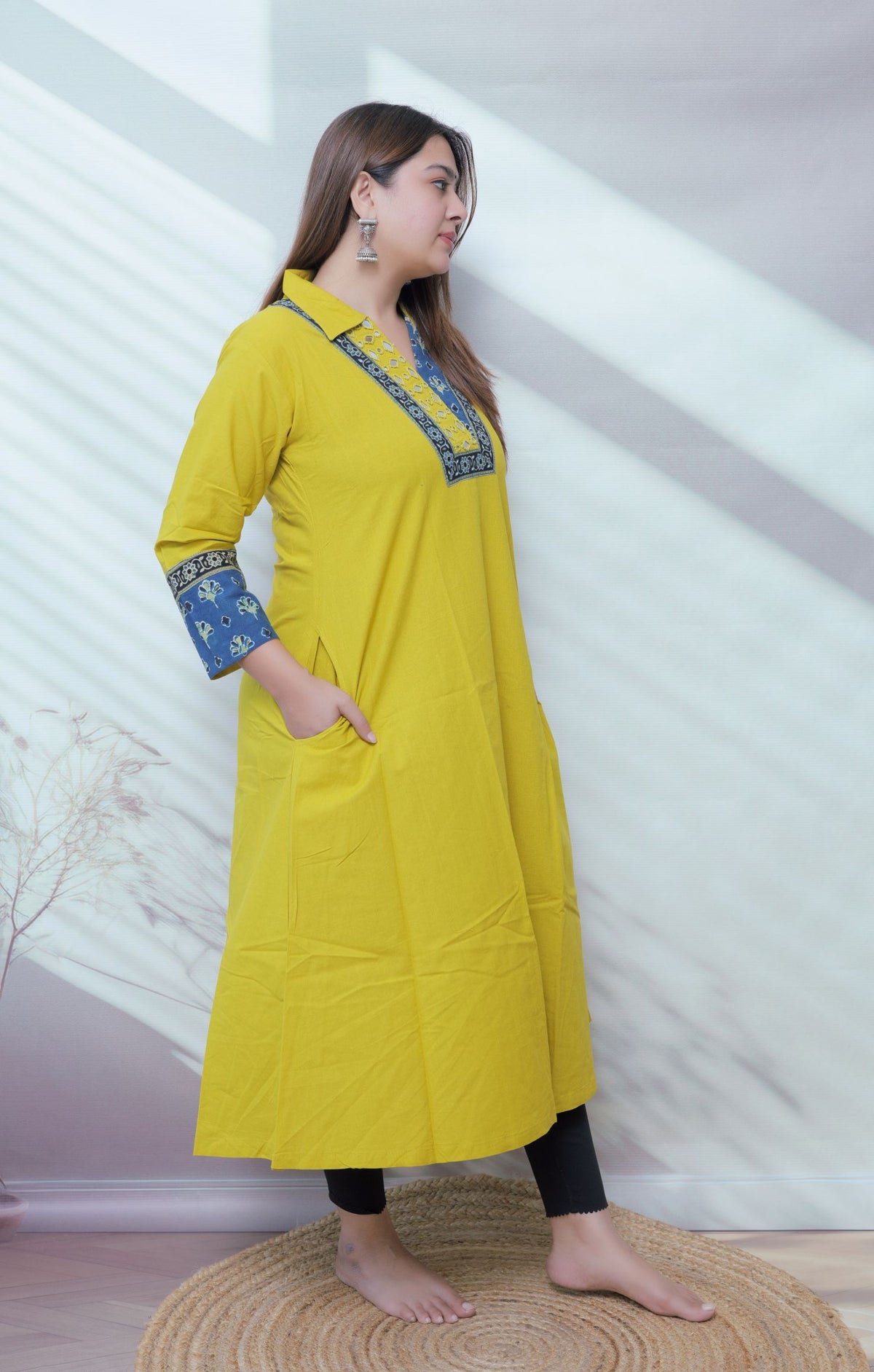 Sejal Plain Collar & Mirror A Line Cotton Kurti