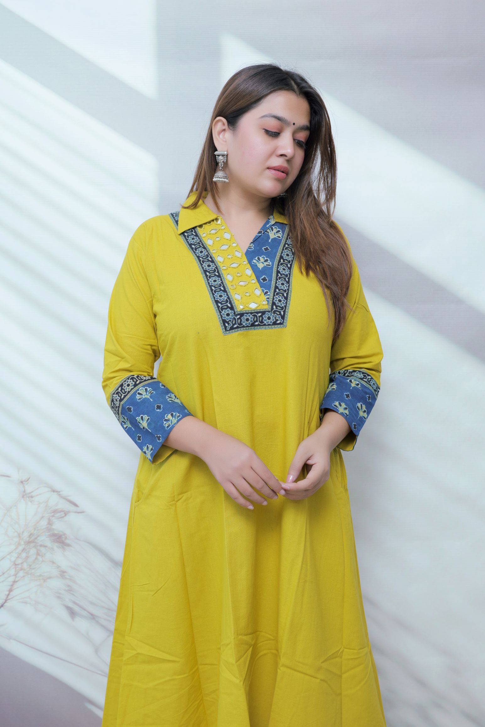 Sejal Plain Collar & Mirror A Line Cotton Kurti