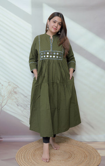 Preet Plain Mirror Stand Collar Cotton Long Kurti/One Piece