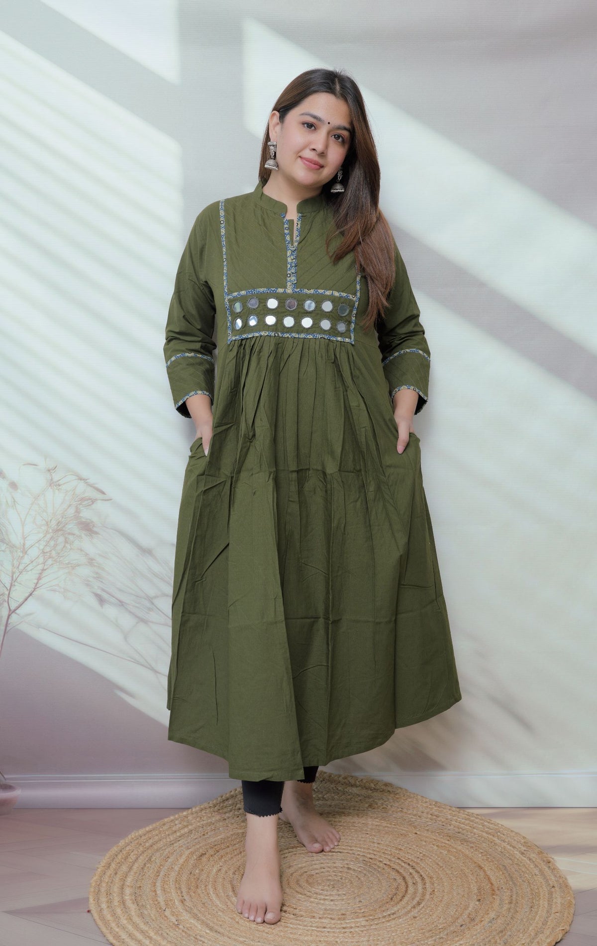 Preet Plain Mirror Stand Collar Cotton Long Kurti/One Piece