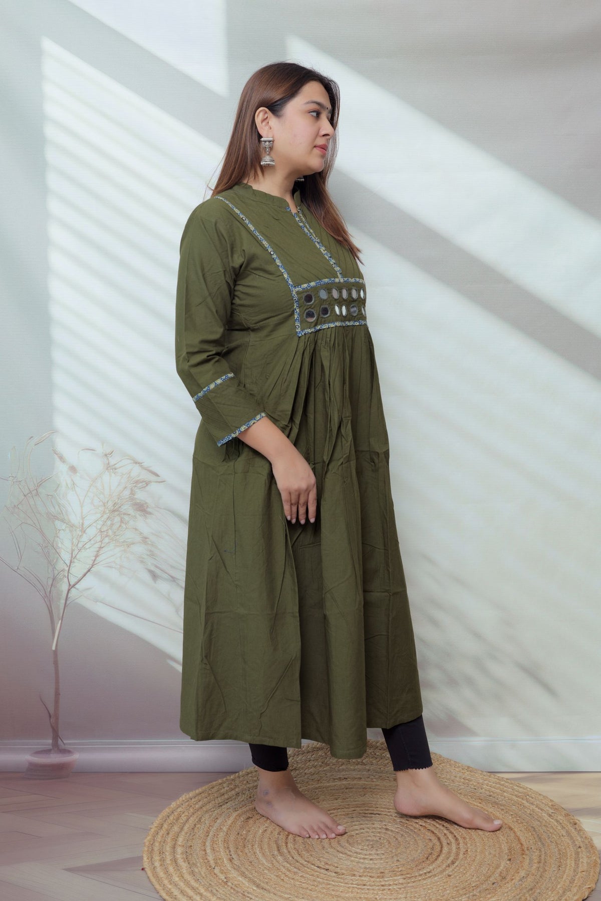 Preet Plain Mirror Stand Collar Cotton Long Kurti/One Piece