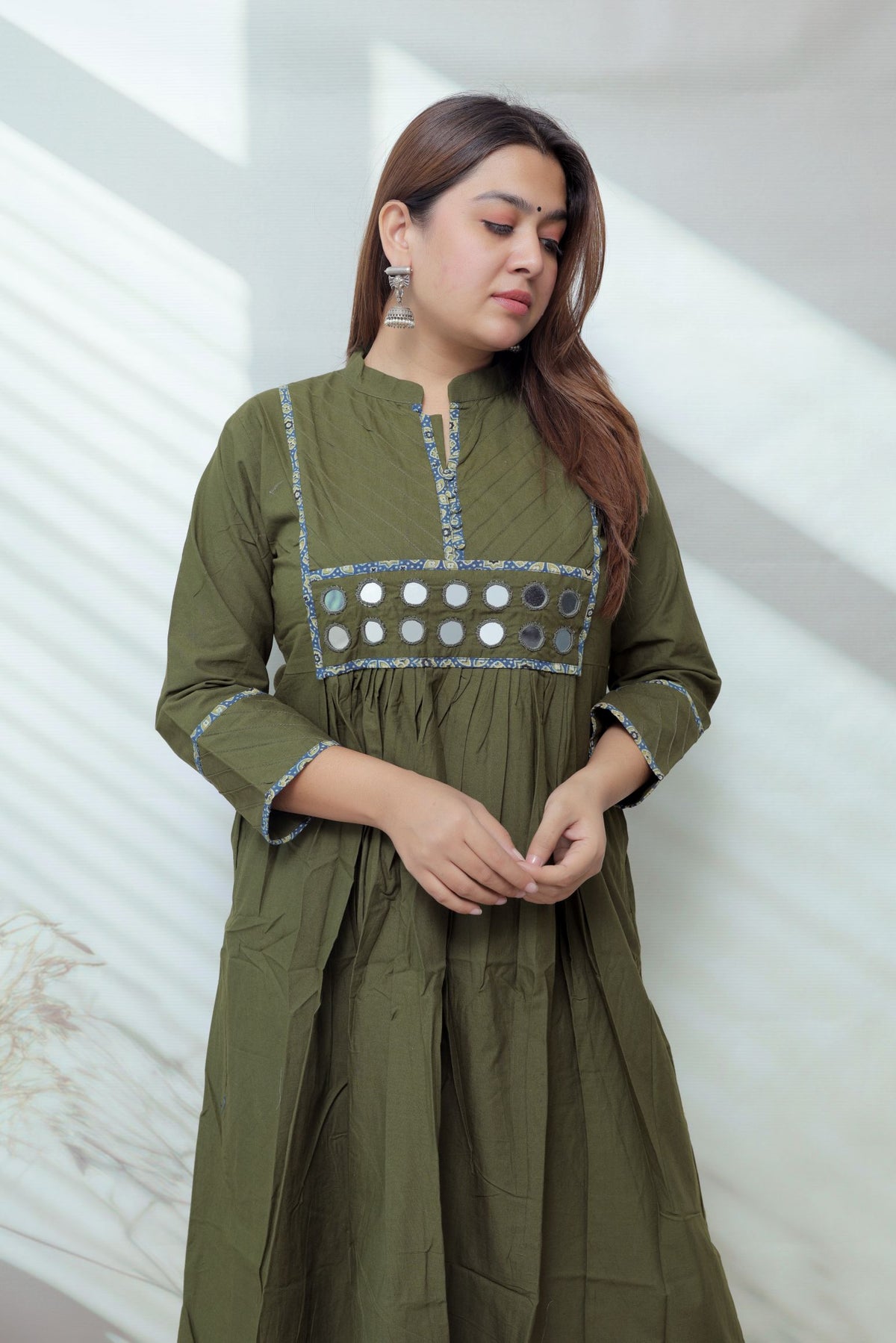 Preet Plain Mirror Stand Collar Cotton Long Kurti/One Piece