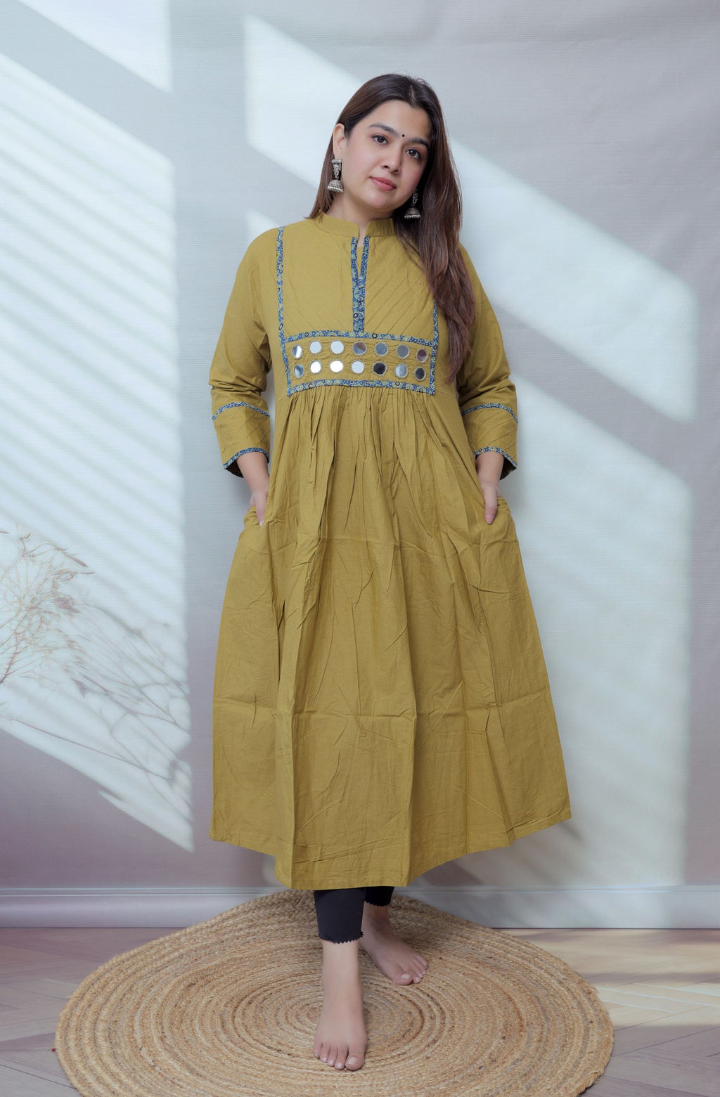 Preet Plain Mirror Stand Collar Cotton Long Kurti/One Piece