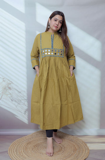 Preet Plain Mirror Stand Collar Cotton Long Kurti/One Piece