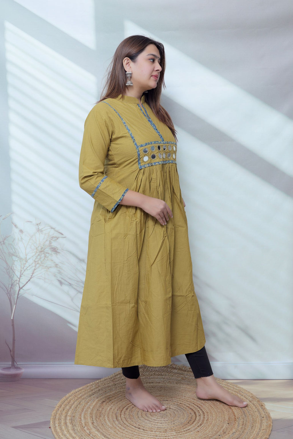 Preet Plain Mirror Stand Collar Cotton Long Kurti/One Piece