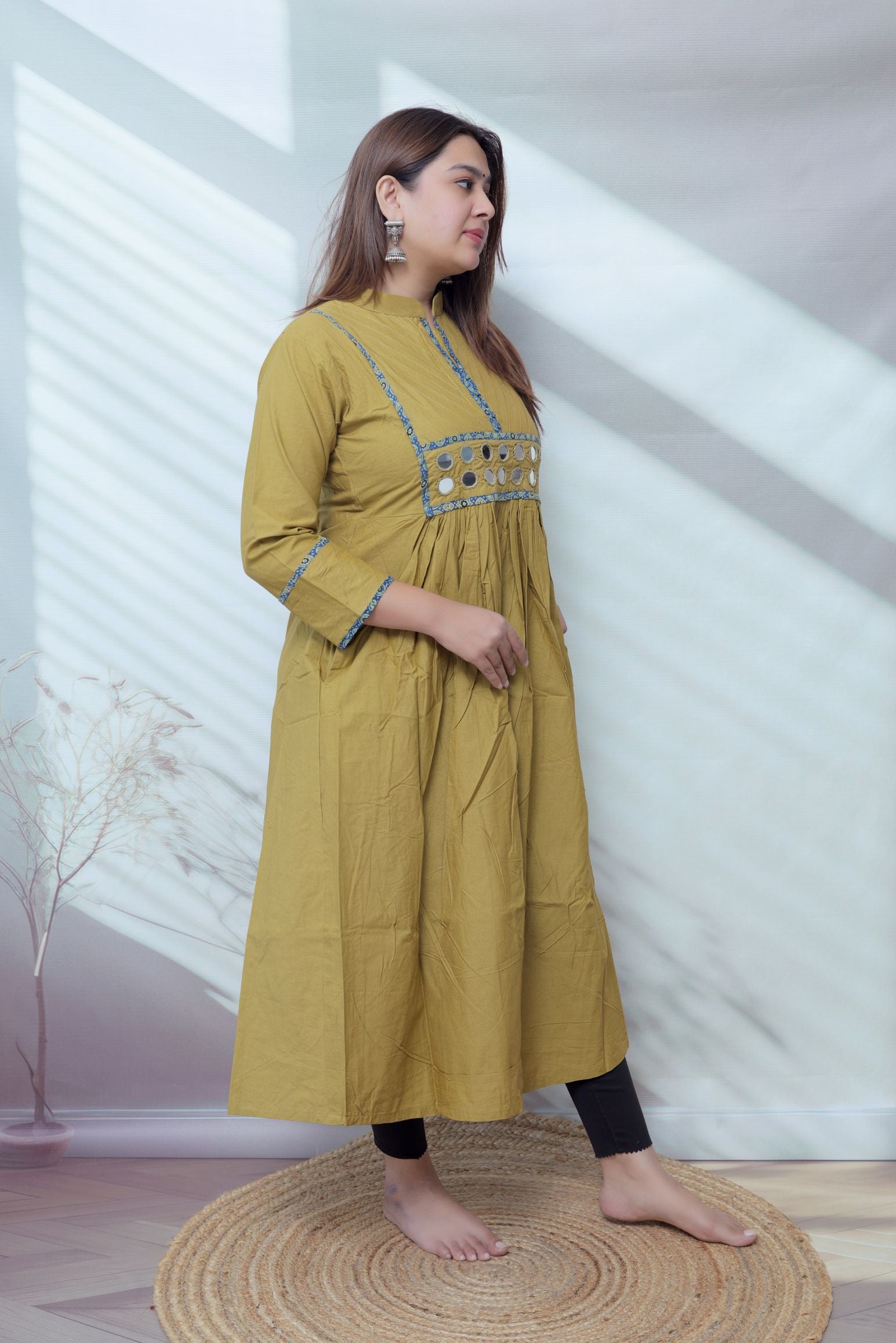 Preet Plain Mirror Stand Collar Cotton Long Kurti/One Piece