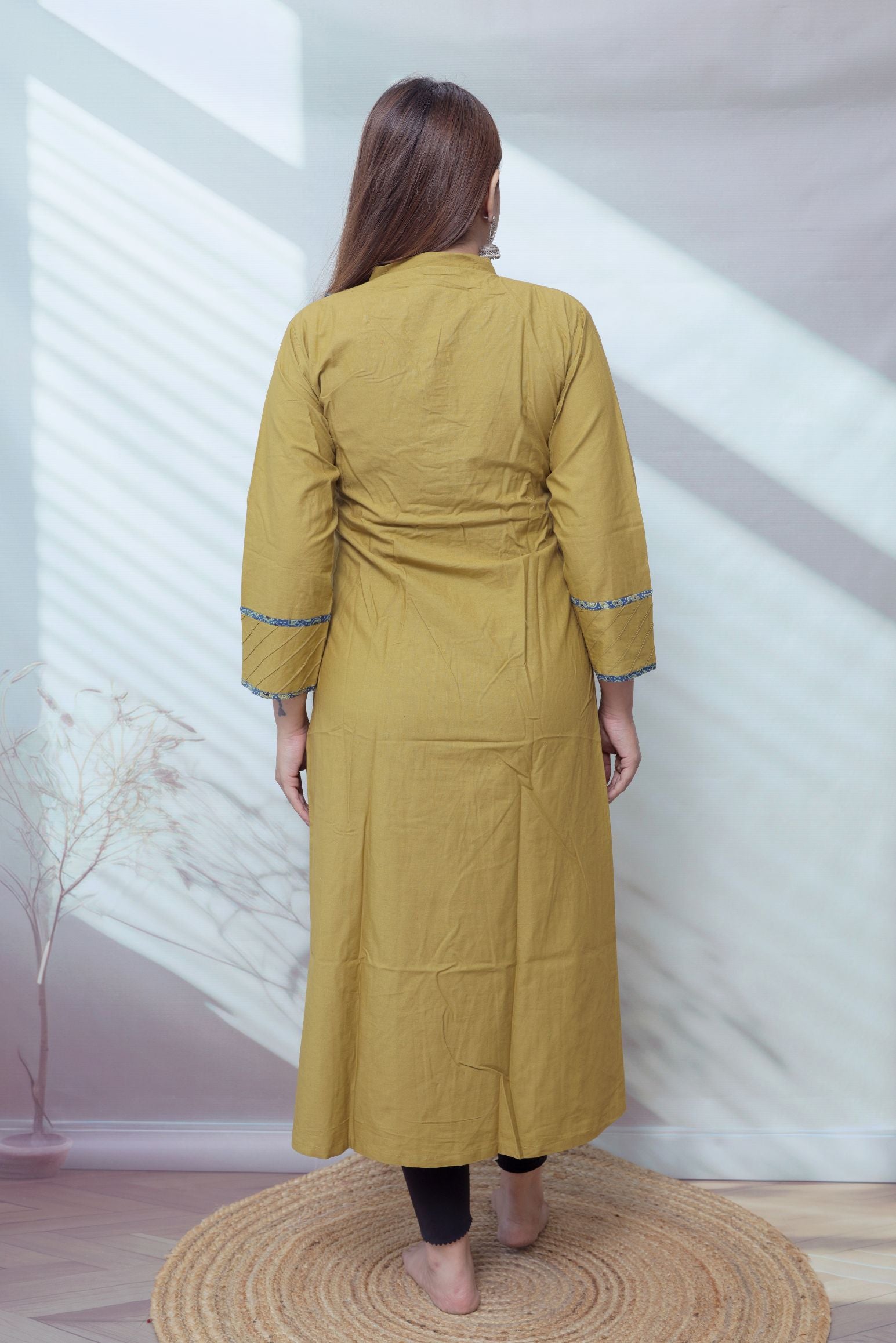 Preet Plain Mirror Stand Collar Cotton Long Kurti/One Piece