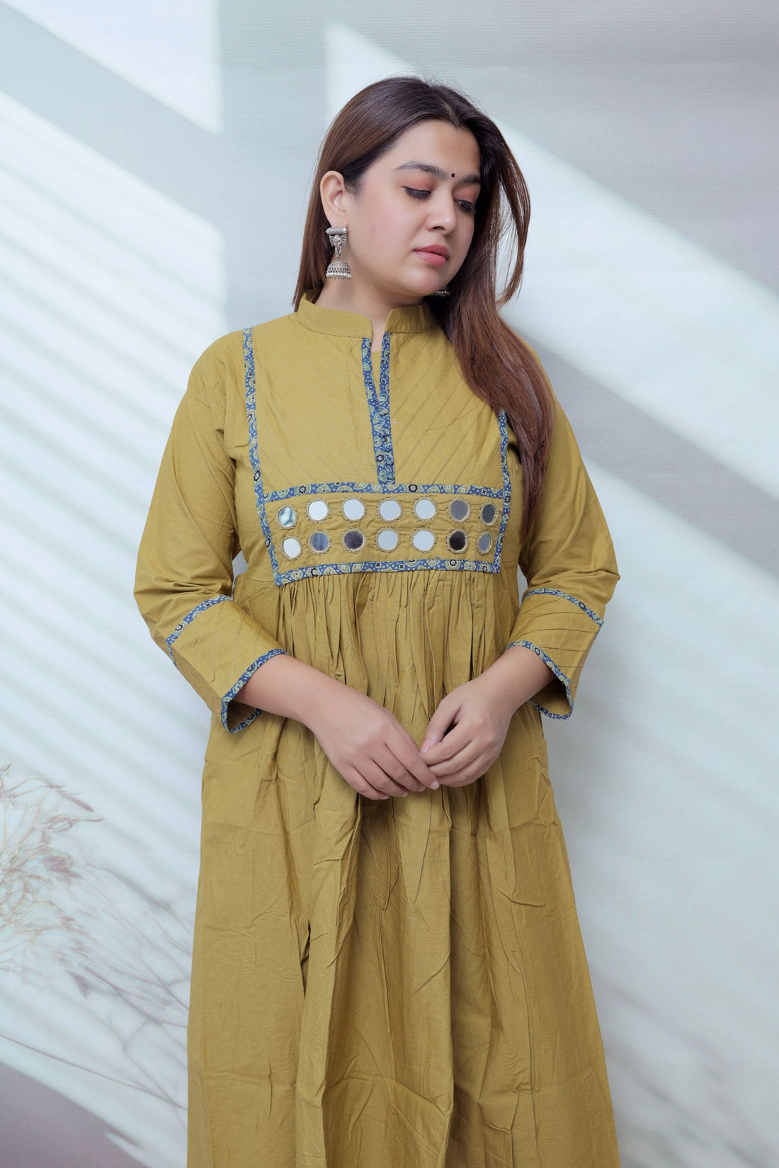Preet Plain Mirror Stand Collar Cotton Long Kurti/One Piece