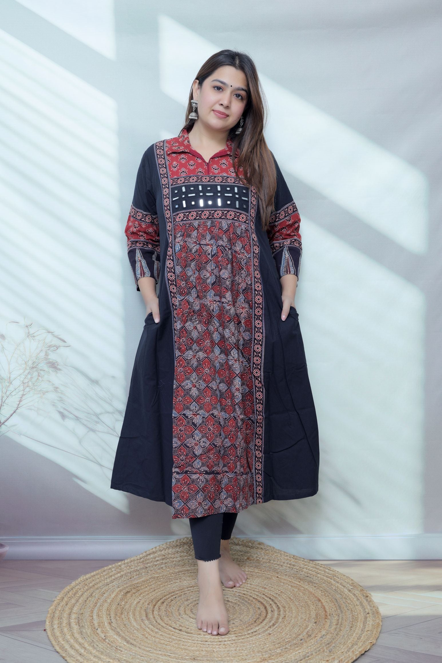 Riya Ajarakh Plain Mirror & Collar Cotton  Long Kurti/One Piece