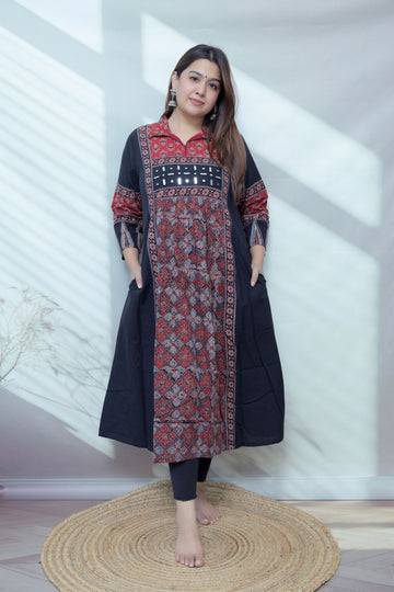 Riya Ajarakh Plain Mirror & Collar Cotton  Long Kurti/One Piece