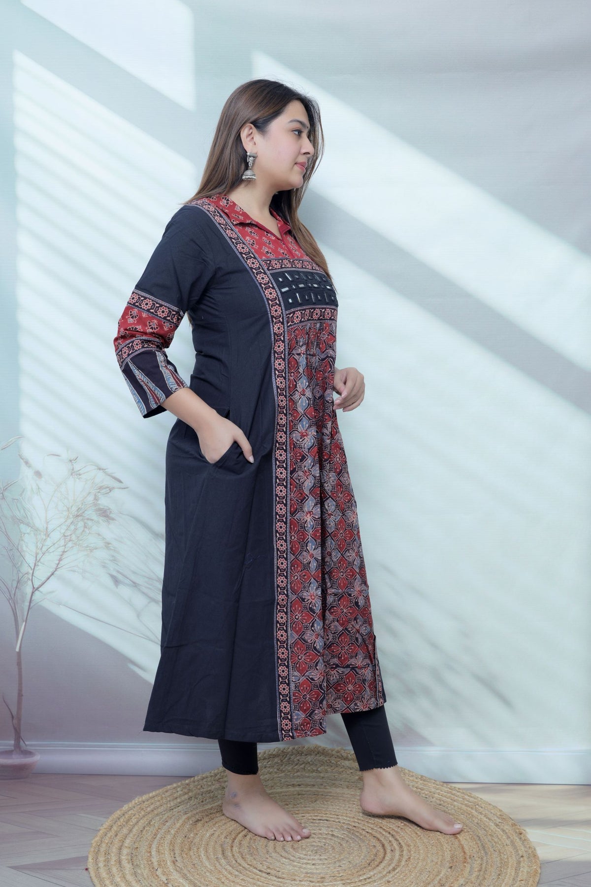 Riya Ajarakh Plain Mirror & Collar Cotton  Long Kurti/One Piece